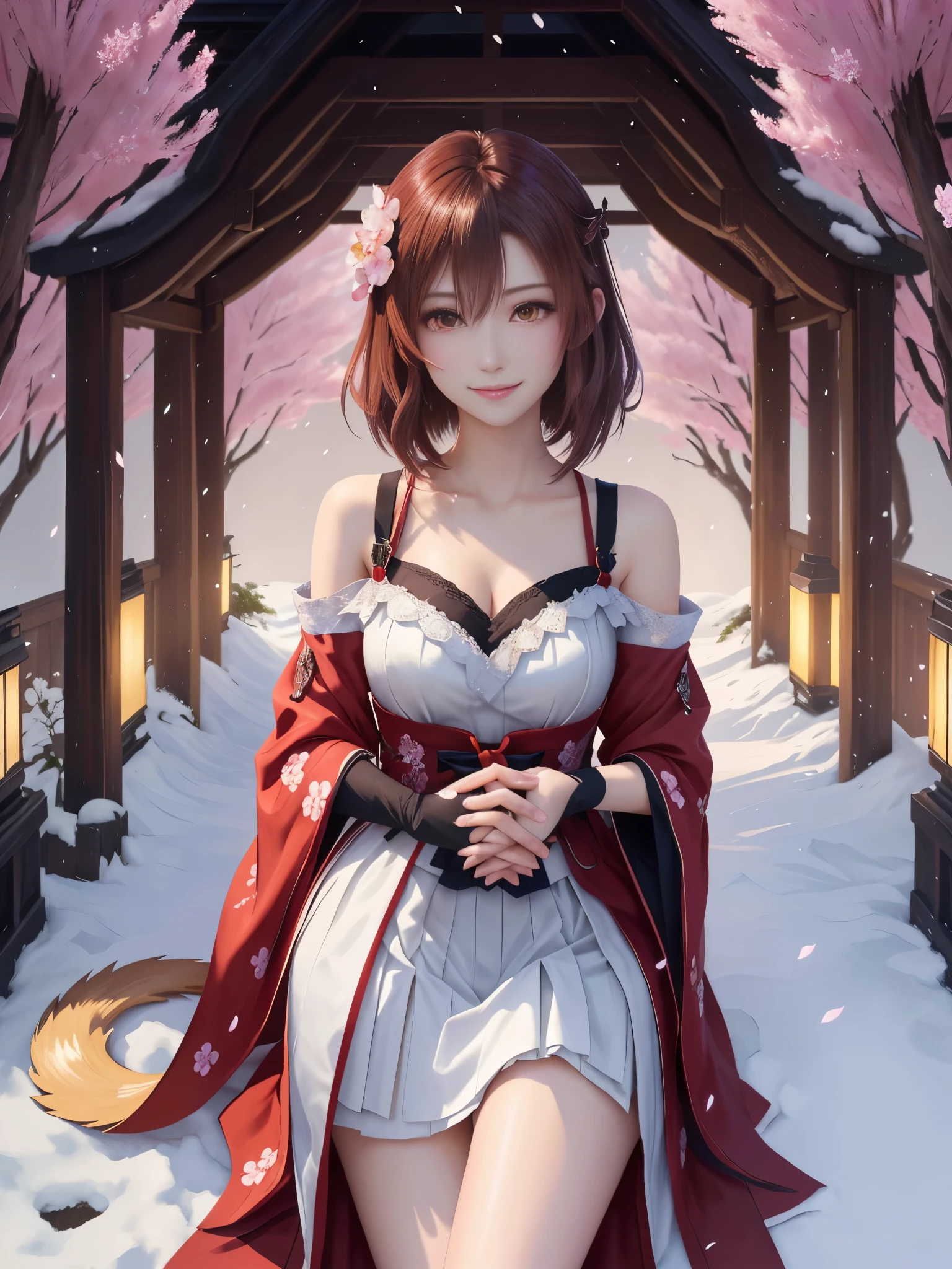 masterpiece , best quality,smile,smile,small face,shoulder exposure,some cleavage exposure,colorful hair,slender body shape,brown eyes,sharp contrast,short hair,Beautiful short hair,short cut hair,just one person,precision quality,Faithfully reproduced eyes, 一面に咲くcherry blossom background,snow scene,masterpiece, 幻想的なcherry blossom background,night,nightの背景,cherry blossom background,beautiful details, colorful, delicate details, delicate lips, intricate details, genuine, ultrargenuineista, 枝に座っている色とりどりの髪のFoxを持つ女の子:Mature, bright eyes, ,色とりどりのFox, raposa de nine tails, 三尾Fox, 三尾Fox, onmyoji detail art, beautiful fine art illustration, mythical creatures, Fox, beautiful digital art,shrine maiden,hold hands,exquisite digital illustration, mizutsune, Inspired by mythical wild web creatures, pixiv in digital art, shining light, high contrast, Mysterious,