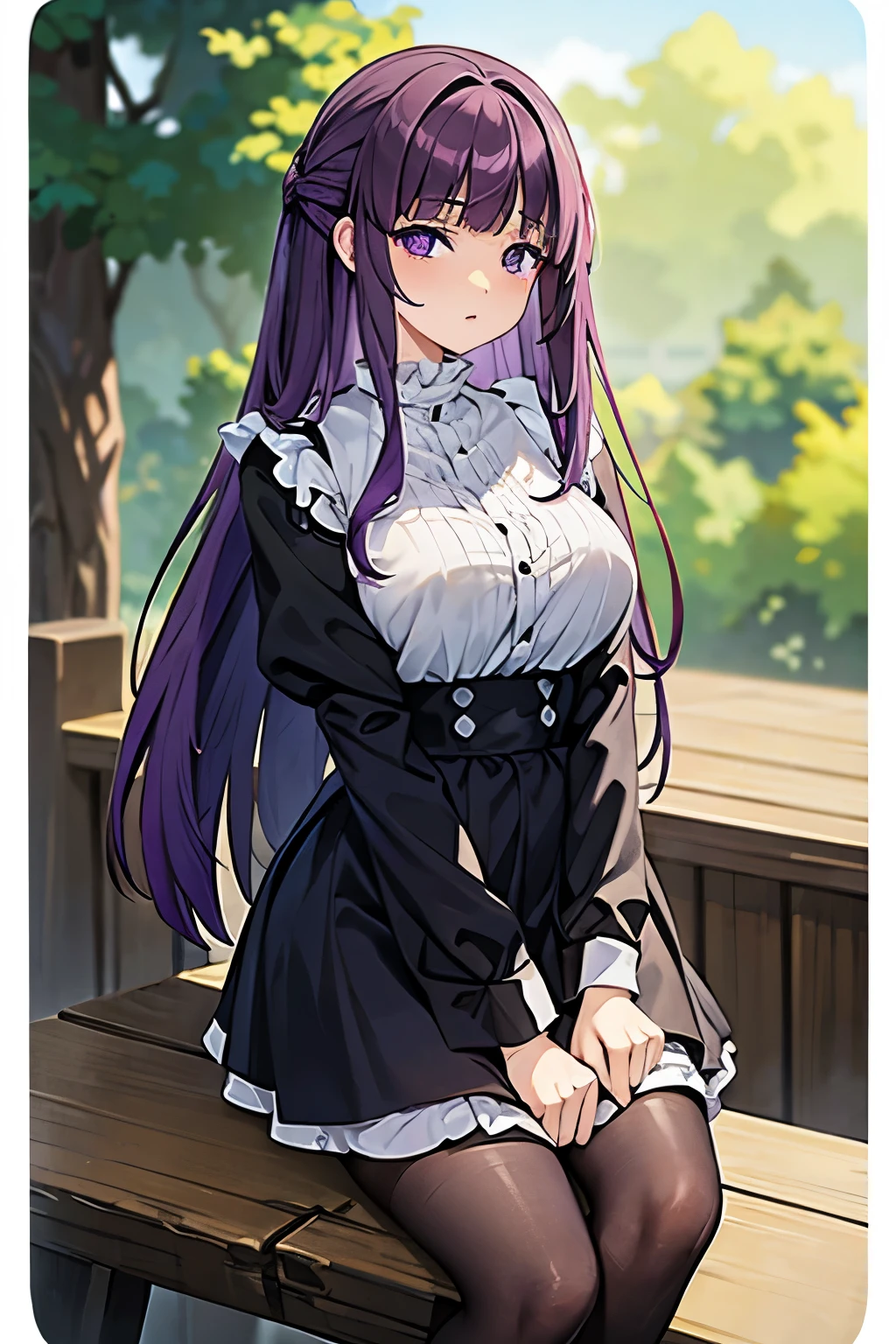 fern (long hair, bangs, (purple eyes:1.1), purple hair) , kawaii eyes , mistress , lustful wife ,Beautiful thighs ,Medium bust , Smooth abdomen , maid attire, black pantyhose, student shoes