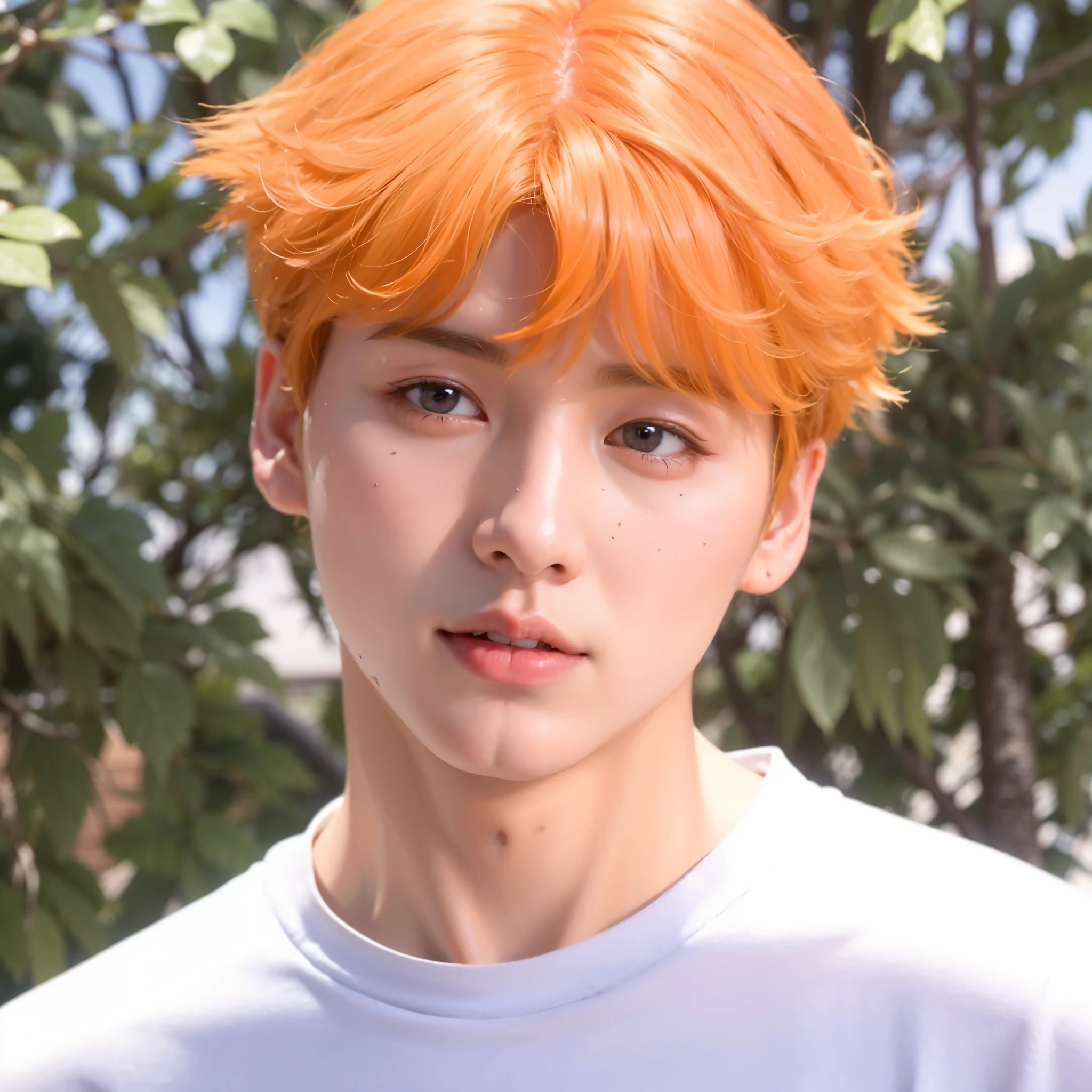 chiseled man with orange hair and white shirt in front of trees, Cai Xukun, Jungkook, inspirado em Bian Shoumin, inspirado em Yanjun Cheng, Jinyoung Shin aesthetic, Jinyoung Shin, inspirado em jeonseok lee, orange head, inspirado em Kun Can, Kim Doyoung, Yanjun Chengt, tom laranja, kpop idol portrait, retrato colorido