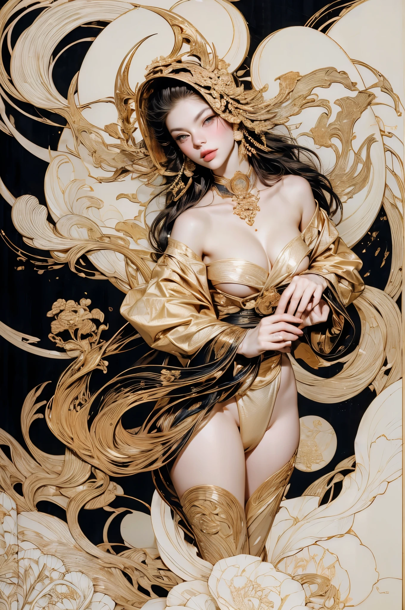 Umalinda warrior sexy, pretty face, Delicious Company, Alluring figure, Wearing a sexy open kimono. The artwork is created in a medium reminiscent of Japanese ink paintings....., 具有大胆的笔触和Monochromatic color palette. artist&#39;Masterful technique reveals the intensity and power of the image&#39;sense of presence，with the highest quality, Perfectly capture every detail with ultra-high resolution. Textures and intricate patterns on kimonos are rendered with extreme precision. Lighting is carefully designed，Enhance drama, Features deep shadows and subtle highlights. General, The artwork exudes elegance and power, Combining traditional Japanese aesthetics with a modern feel. Monochromatic color palette, Combine details, Create captivating and immersive experiences for your audience.