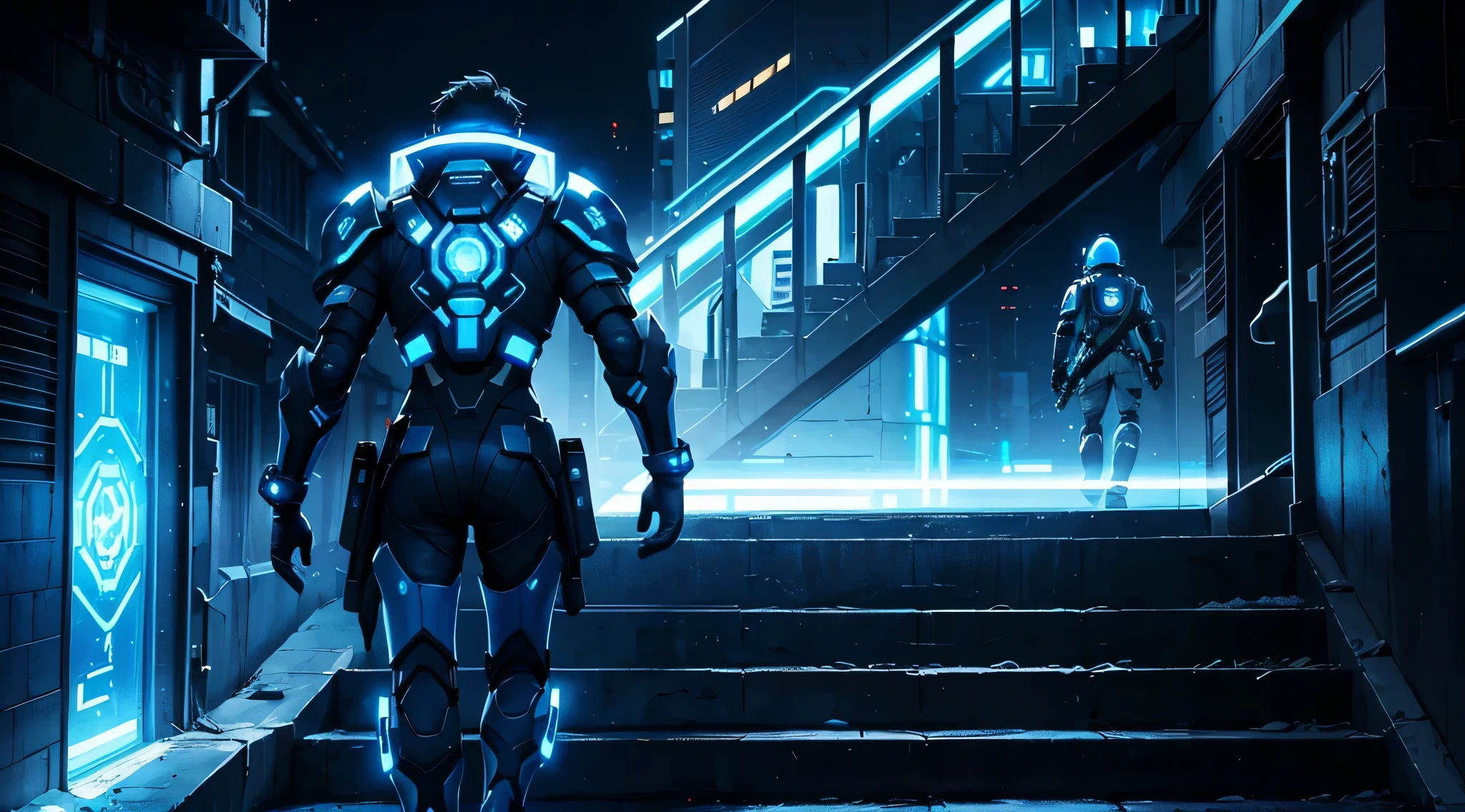 Ein Krieger, der in den Krieg zieht, nachdem er das Hauptquartier der Terranischen Allianz verlassen hat; He wears futuristic armor with blue glowing segments and earth symbols as the faction logo on his shoulders. He also carries a futuristic plasma rifle on his back and is pursued by 10 soldiers, die die Treppe hinunterkommen; es ist Abend; Die Lichter der Stadt sind bereits an