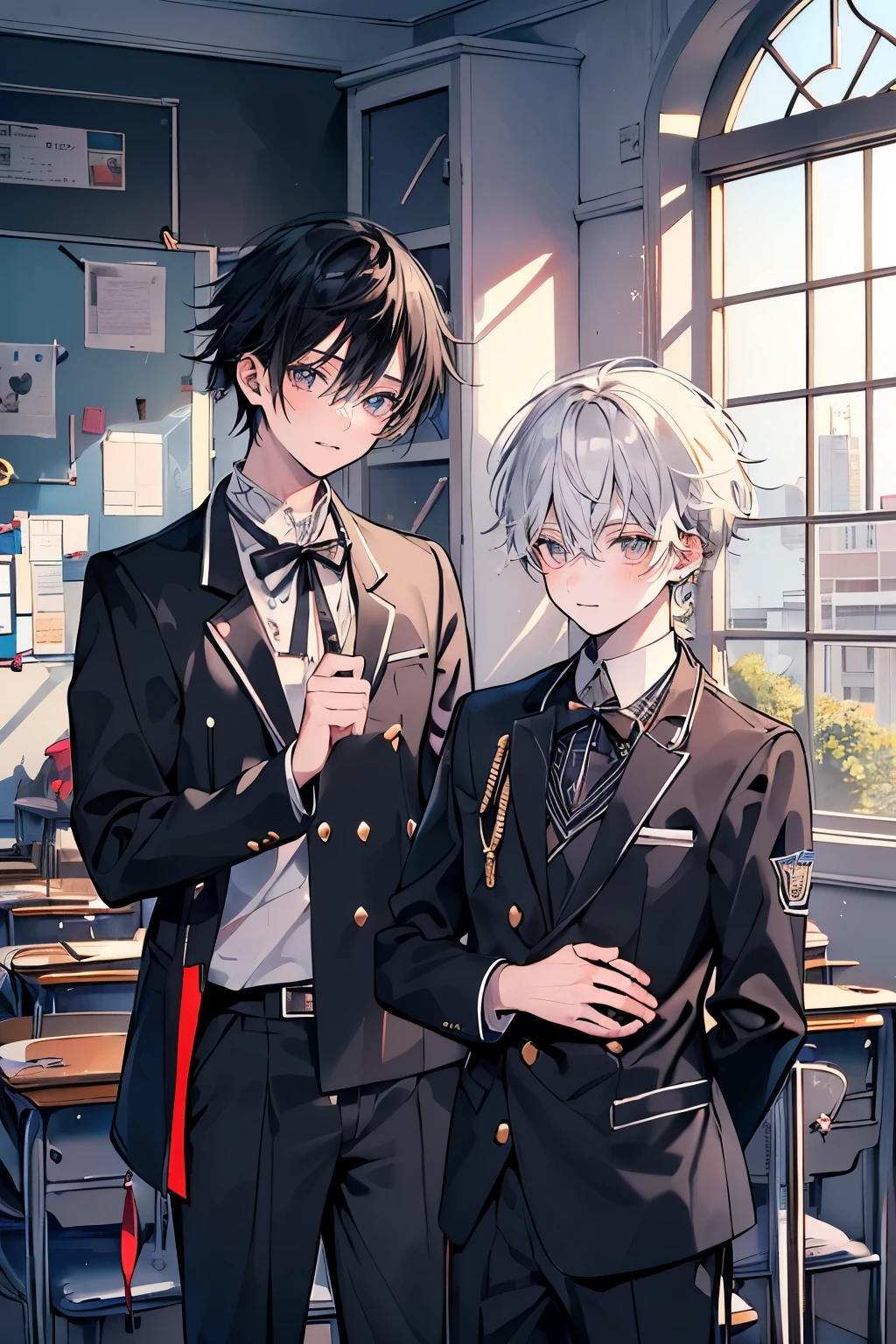 (muste piece), (best quality), very detailed, ((Two friendly high school boys:1.5)), perfect face, beautiful face, very detailed face,(black haired man:1.3),(white haired man:1.3),School,classroom,student uniform