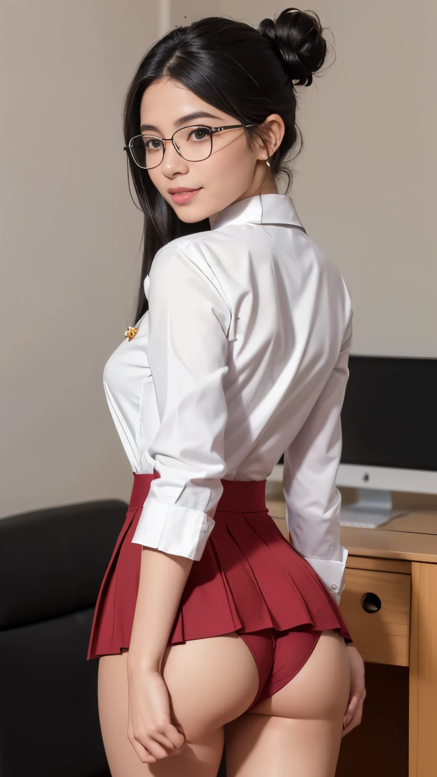 (mesa:1.3), (8K, fotorrealista, Foto CRU, melhor qualidade: 1.4), Japanese, (1 garota em), rosto bonito, (rosto realista), (black bun hair), lindo penteado, Olhos realistas, lindos olhos detalhados, (Pele realista), pele bonita, Atraente, Super high resolution, Um hiper-realista, altamente detalhado, golden ratio, (Corpo todo:1.37), (Woman in a 14cm flared skirt and formal shirt with attention to detail:1.4), (secretary), traje profissional, dark red flared skirt, camisa social preta, salto alto, rectangular glasses, (Sorriso feliz:1.3), (cabelos longos e lisos com brilho fluido,,,,,,,,,,,,,,,:1.3), QUEBRAR, (peito pequeno, bunda grande:1.3), scenario, (Desk com restante de livros), from behind, Retrocessos, Arched back, (arms on waist), lindos olhos detalhados, olhando para o espectador, de baixo, (sem maquiagem), (bonitinho), photon mapping, (Professional Lighting), detalhes finos, (Calcinhas infantis), corpo inteiro, Desk, Hands on waist, back, sexy position, stand up on the edge and one leg up showing butt and panties,