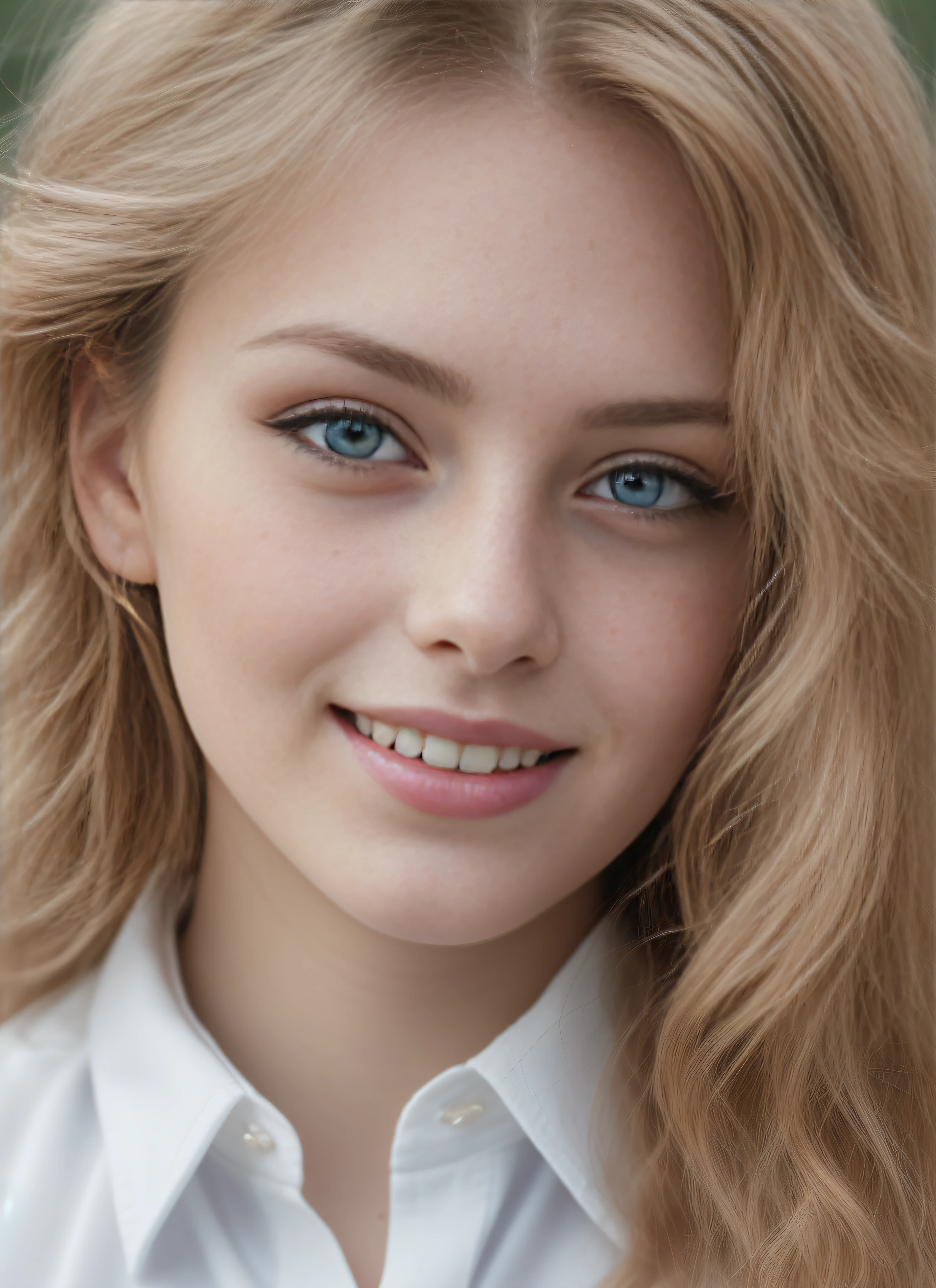 chef-d'artwork, realistic, Detailed eyes, beau, En regardant le spectateur, natural lighting, profondeur de champ, grain de film, Wrinkled skin, 24 ans, femelle, seulement, long wavy blonde hair, yeux bleus, blanc, chemise formelle, taches de rousseur, sourire, lips, haut du corps, portrait, Fermer, Vue de face, Outside