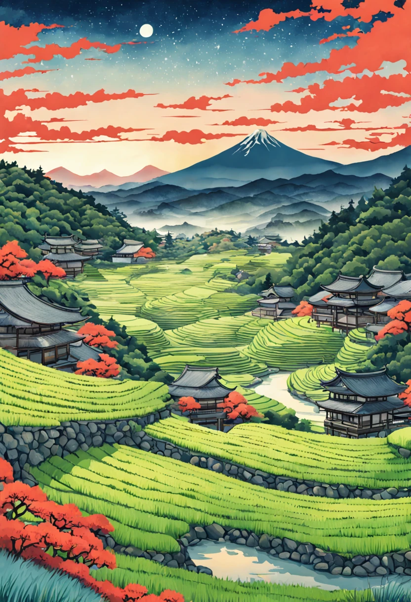 Digital painting of rice paddy terraces in feudal Japan, Ukiyo-e art style influences from Hiroshige and Hokusai. Watercolor textures, landscape format, soft lighting, vivid colors, highly detailed, aesthetic