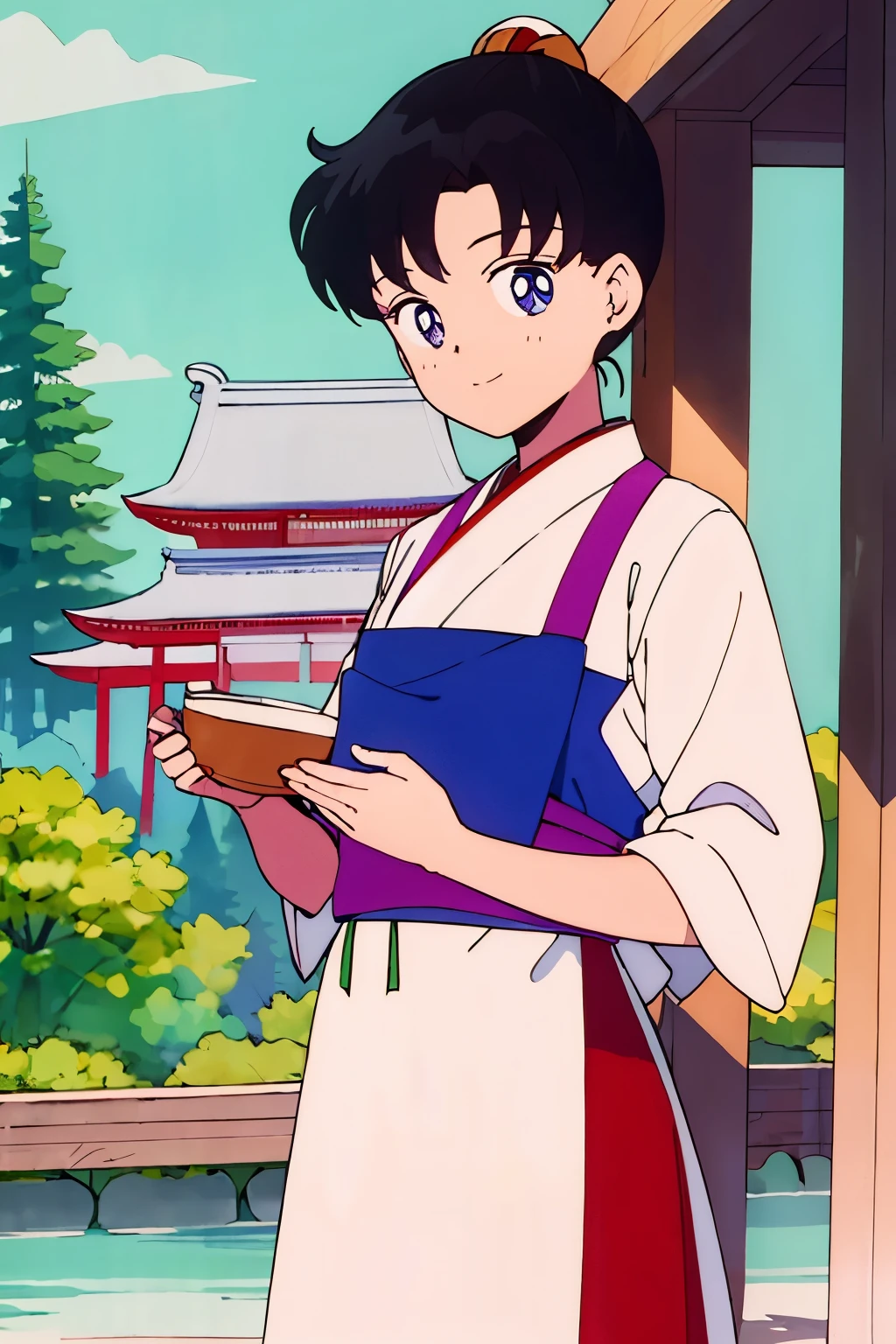 best quality, chef-d'artwork, 1fille, slight smile, regarder le spectateur, cheveux verts, double chignon, temple shinto, vêtements de miko