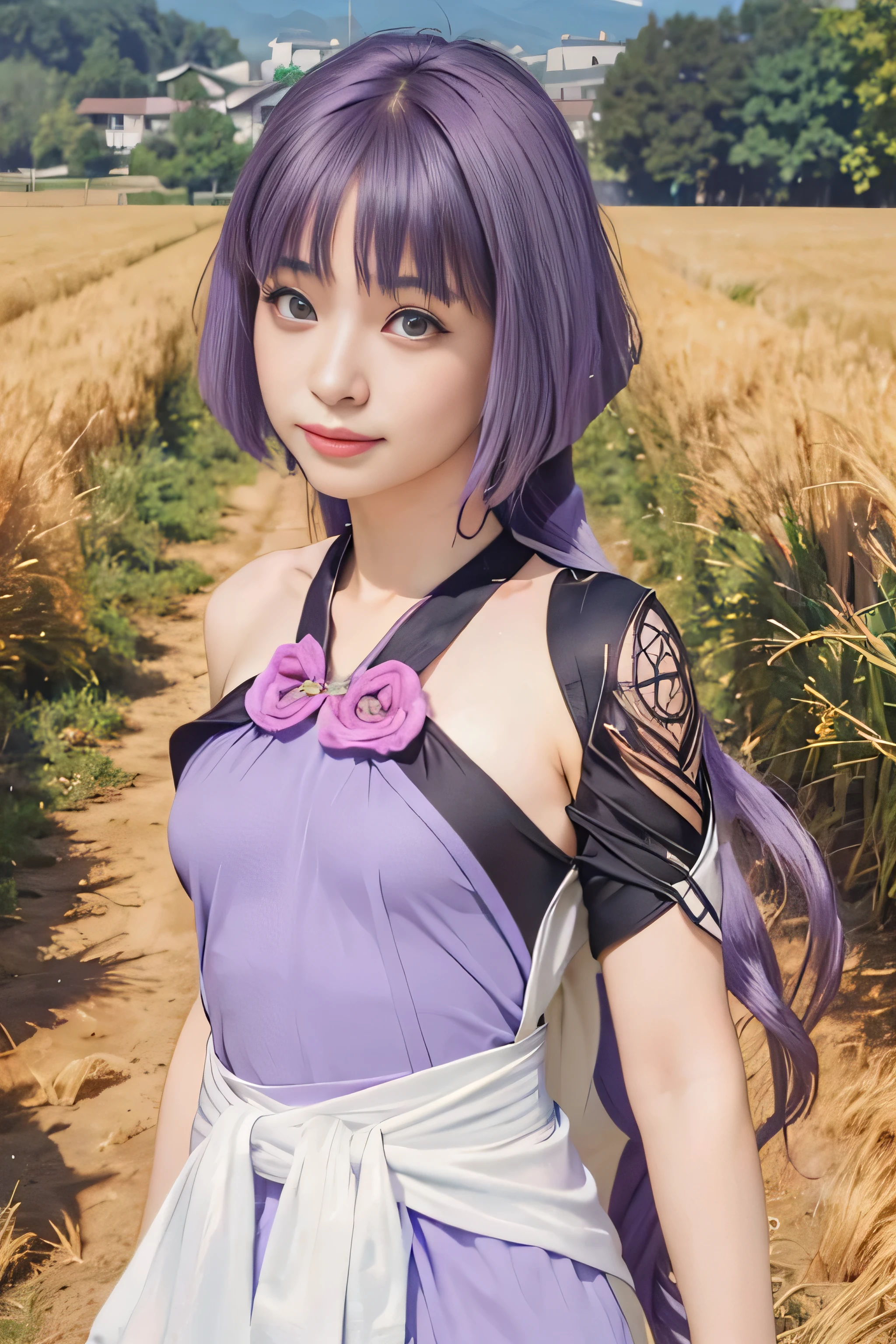 masterpiece, best quality, (realistic,photo-realistic:1.4), (RAW photo:1.2), extremely detailed CG unity 8k wallpaper, delicate and beautiful, amazing,finely detail, official art, absurdres, incredibly absurdres, huge filesize, ultra-detailed,extremely detailed eyes and face,light on face,sumire kakei,(little smile),(purple hair:1.4),(long hair:1.6),(wearing dress:1.5),wheat fields(small breast:1.3),(wearing robe:1.4)