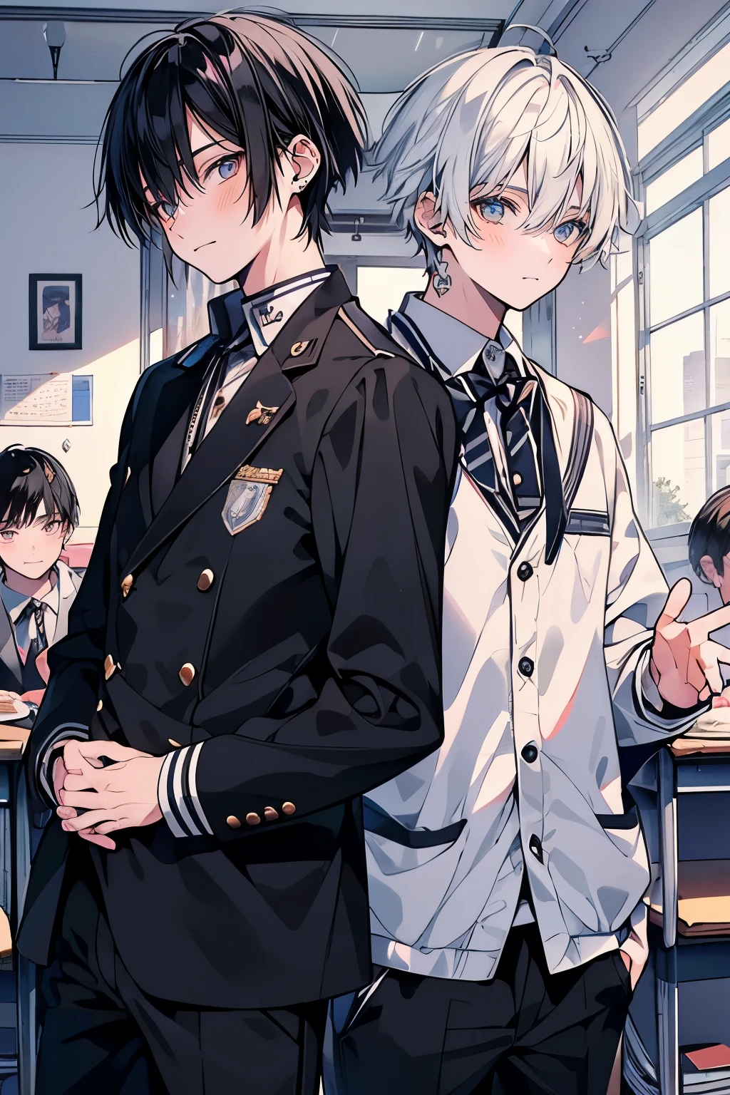 (muste piece), (best quality), very detailed, ((Two friendly high school boys:1.5)), perfect face, beautiful face, very detailed face，(black haired man:1.3)，(white haired man:1.3)，School，classroom，student uniform