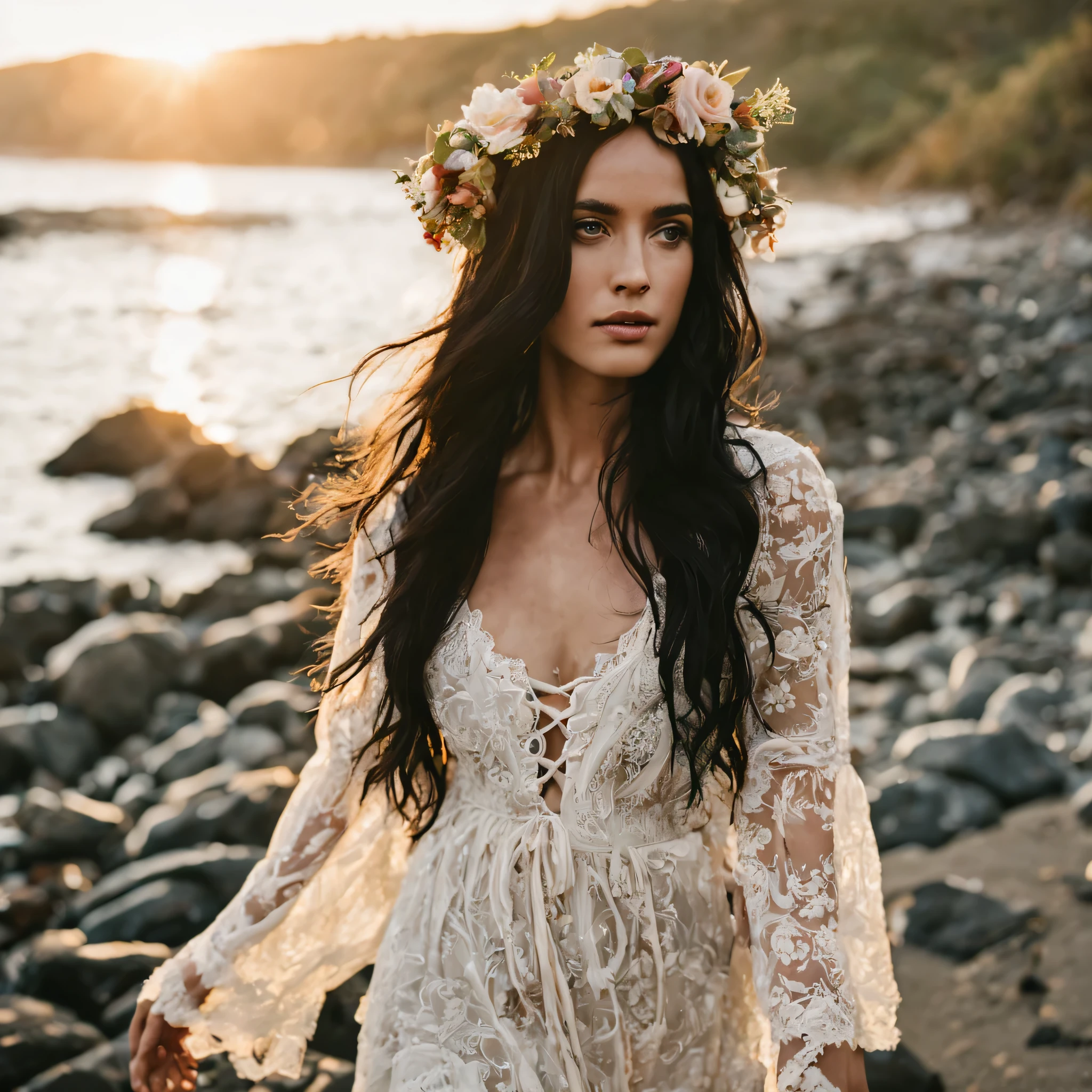 Female model in mid twenties, fair complexion, Long Black hair, Oval Face cut, slight heavy breasts. Walking along the shoreline at dawn, wearing a bohemian lace dress, a flower crown in her hair. She's peaceful, with a dreamy look, fully immersed in the moment.