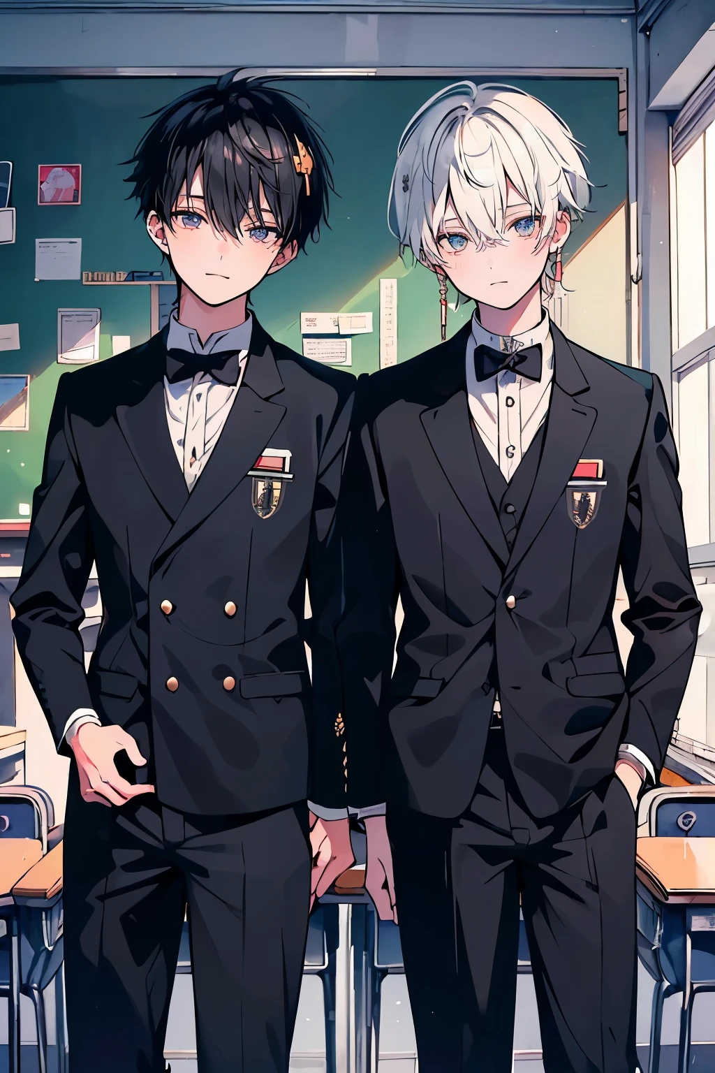 (muste piece), (best quality), very detailed, ((Two friendly high school boys:1.5)), perfect face, beautiful face, very detailed face，(black haired man:1.3)，(white haired man:1.3)，School，classroom，student uniform