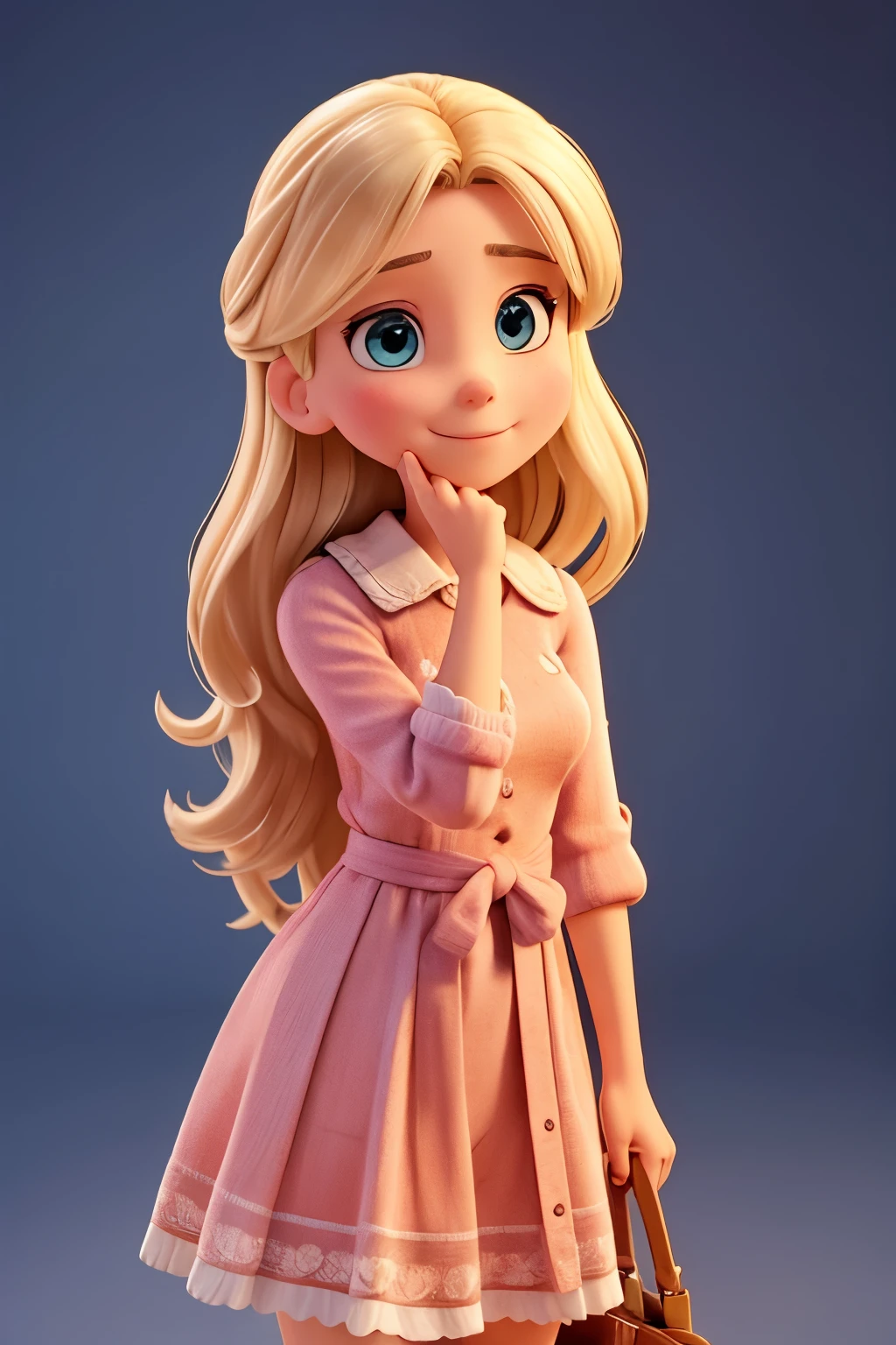 Imagine Bela, an exemplary 36-year-old mother, striking a surprised pose with his hand on his face. Her blonde hair falls softly around her shoulders as she maintains a confident smile., reflecting your mature and responsible approach to life. Vestindo um elegante conjunto que combina com sua beleza atemporal.