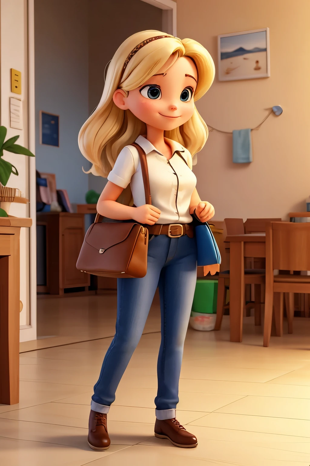 Imagina Bela, the 36-year-old exemplary mother, em uma pose radiante, pointing gracefully to a special place. Her blonde hair falls softly around her shoulders as she maintains a confident smile., reflecting your mature and responsible approach to life. Vestindo um elegante conjunto que combina com sua beleza atemporal, ela segura com destreza sacolas de compras. Foque nela com uma sacola de compras.