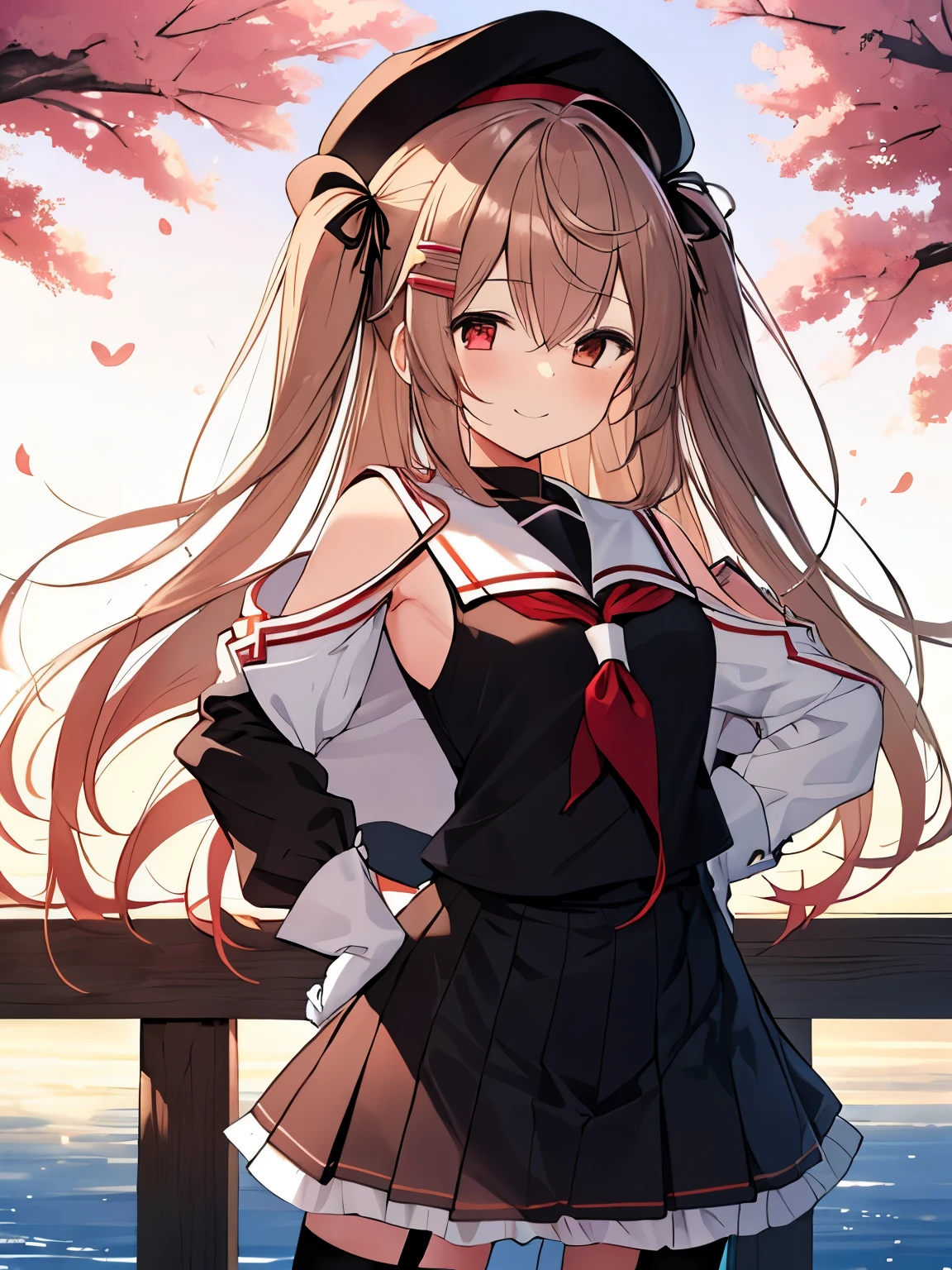 1girl, (masterpiece), best quality, highres, bbmurasa, long hair, two side up, hair flaps, hairclip, hat, black headwear, heterochromia, red eyes, brown eyes, white sailor collar, red neckerchief, black shirt, detached sleeves, white gloves, black skirt, garter straps, smile, outdoors, hand on hip, cowboy shot