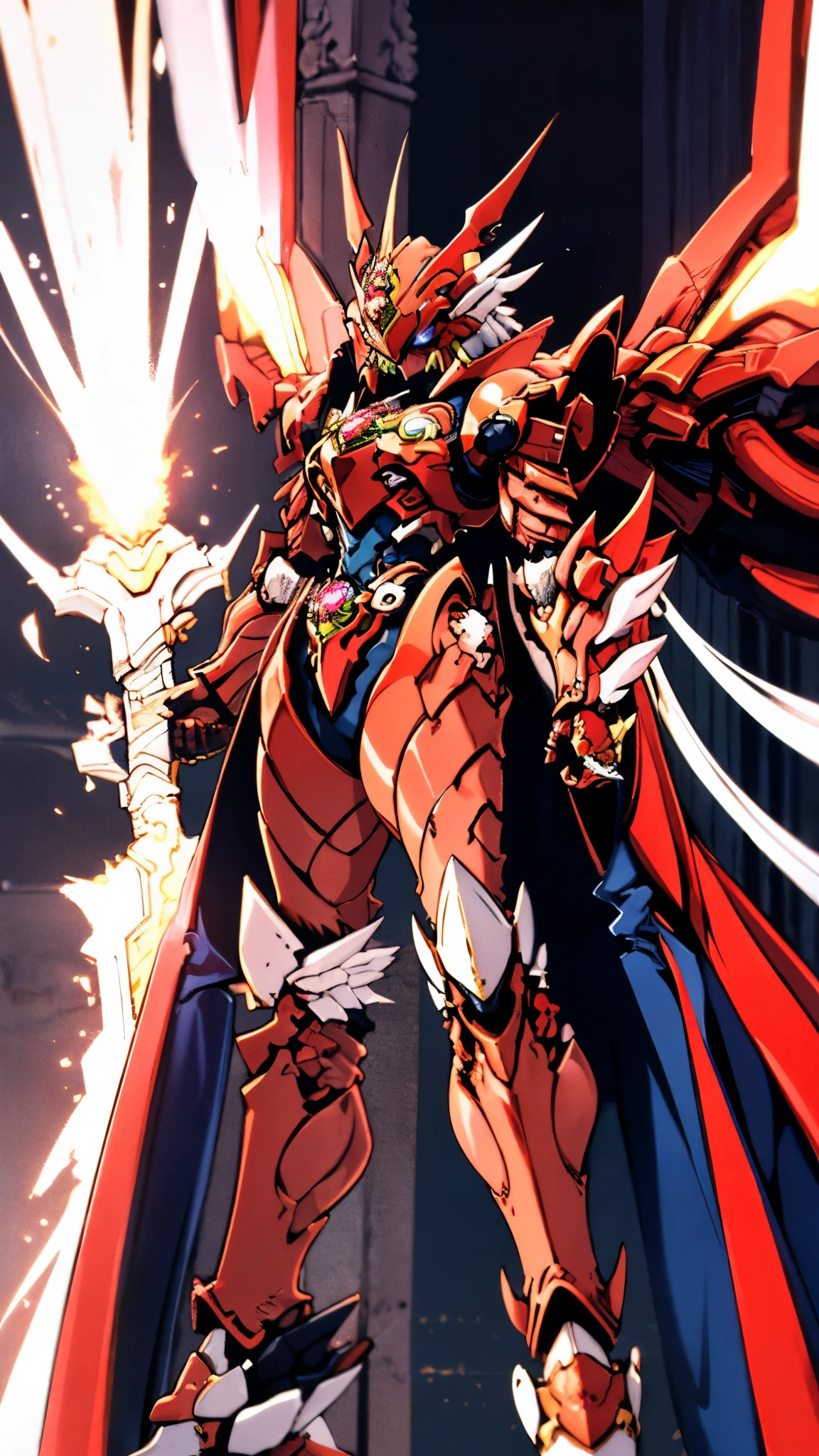 A woman adorned in fantasy-style full-body armor, a crown-concept fully enclosed helmet that unveils only her eyes, a composite layered chest plate, fully encompassing shoulder and hand guards, a lightweight waist armor, form-fitting shin guards, the overall design is heavy-duty yet flexible, ((the armor gleams with a golden glow, complemented by red and blue accents)), exhibiting a noble aura, she floats above a fantasy-surreal high-tech city, this character embodies a finely crafted fantasy-surreal style armored hero in anime style, exquisite and mature manga art style, (Queen bee mixed with Spider concept Armor, plasma, blood), ((Element, energy, elegant, goddess, femminine:1.5)), metallic, high definition, best quality, highres, ultra-detailed, ultra-fine painting, extremely delicate, professional, anatomically correct, symmetrical face, extremely detailed eyes and face, high quality eyes, creativity, RAW photo, UHD, 32k, Natural light, cinematic lighting, masterpiece-anatomy-perfect, masterpiece:1.5
