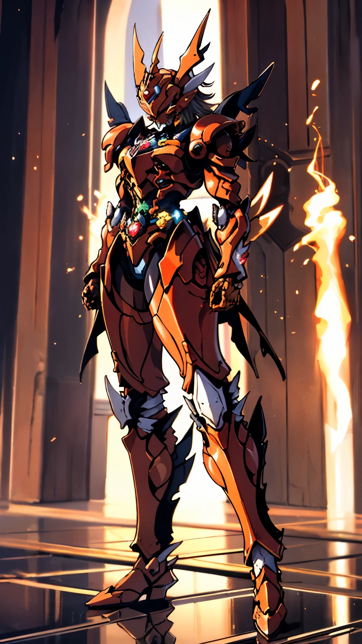 A woman adorned in fantasy-style full-body armor, a crown-concept fully enclosed helmet that unveils only her eyes, a composite layered chest plate, fully encompassing shoulder and hand guards, a lightweight waist armor, form-fitting shin guards, the overall design is heavy-duty yet flexible, ((the armor gleams with a golden glow, complemented by red and blue accents)), exhibiting a noble aura, she floats above a fantasy-surreal high-tech city, this character embodies a finely crafted fantasy-surreal style armored hero in anime style, exquisite and mature manga art style, (Queen bee mixed with Spider concept Armor, plasma, blood), ((Element, energy, elegant, goddess, femminine:1.5)), metallic, high definition, best quality, highres, ultra-detailed, ultra-fine painting, extremely delicate, professional, anatomically correct, symmetrical face, extremely detailed eyes and face, high quality eyes, creativity, RAW photo, UHD, 32k, Natural light, cinematic lighting, masterpiece-anatomy-perfect, masterpiece:1.5