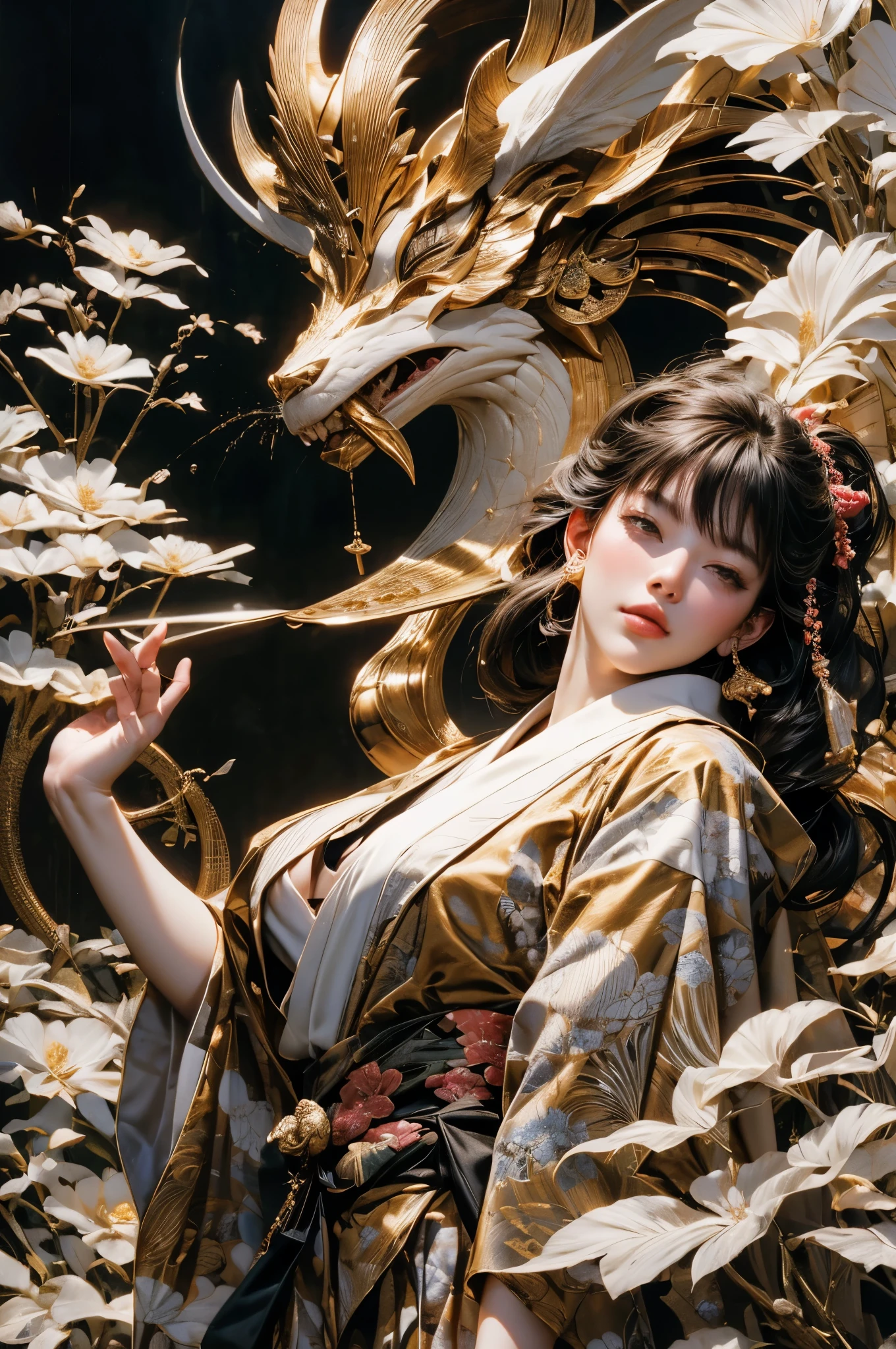 Umalinda warrior sexy, pretty face, Delicious Company, Alluring figure, Wearing a sexy open kimono. The artwork is created in a medium reminiscent of Japanese ink paintings....., 具有大胆的笔触和Monochromatic color palette. artist&#39;Masterful technique reveals the intensity and power of the image&#39;sense of presence，with the highest quality, Perfectly capture every detail with ultra-high resolution. Textures and intricate patterns on kimonos are rendered with extreme precision. Lighting is carefully designed，Enhance drama, Features deep shadows and subtle highlights. General, The artwork exudes elegance and power, Combining traditional Japanese aesthetics with a modern feel. Monochromatic color palette, Combine details, Create captivating and immersive experiences for your audience.