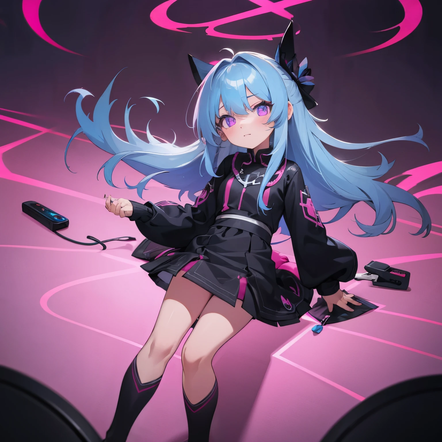 Long-haired woman, blue hair, pink eyes, gamer, black long-sleeved dress 