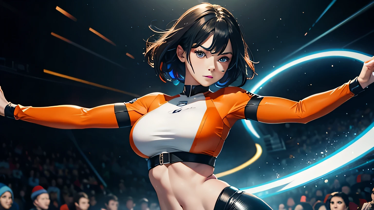 4K, A high resolution, Best quality at best, masterpiece, perfect colors, perfect shadow, perfect litghting, ((sportrait)), 1woman, fit body, heterochromia eyes，rainbow hair , blue eyes, With round lenses, The audience watched carefully, (s face: 1.2), Perfect female figure, ((dynamic pose)), ((orange Tight crop top leather suit)), ((shy and looking at viewer)), (Perfect thick white eyebrows) Delicate fur, 详细s face, s the perfect face,  , (dynamic pose), big breast, open half breast