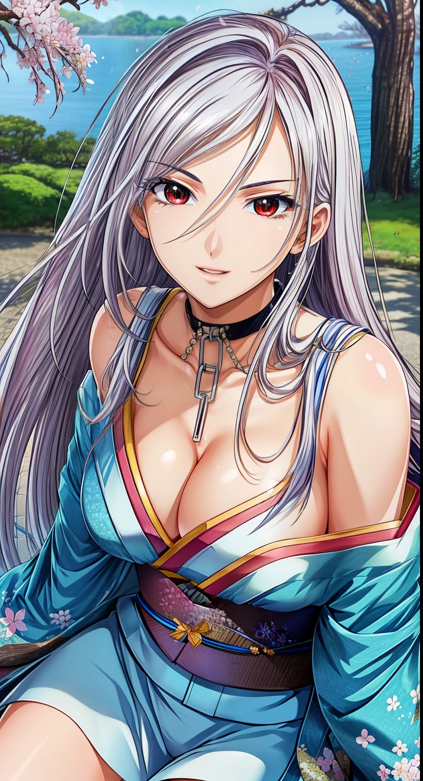 red eyes, (highest quality, masterpiece絵画:1.3), mature woman, 26 years old, whole body,toes,masterpiece, ultra high resolution, (Photoreal:1.0), bright white hair、straight hair, beautiful shining hair, white and shining skin, ((Ultra realistic details)), octane rendering, highly detailed face, (big breasts:1.0),(Sexy and gorgeous Japanese kimono,low cut neckline,delicate decoration:1.2), open neckline, cleavage, perfect body, soft skin, anime face, perfect face, perfect eyes, looking at the viewer, smart, Under the cherry blossom tree background, church, cherry blossom petals are falling, outdoors,sharp focus, intricate details, professional artwork, (bright colors:1.1), bright colors, diffused lighting, digital blending, ultra-definition body, ultra detail hair, super detailed face, that'It's trending on pixiv, top button open, Cute gaze, compensate, perfect lips, perfect compensate, Ultra-precision coating, (light_smile:0.8), (Very embarrassed:1.2), A glossy look,