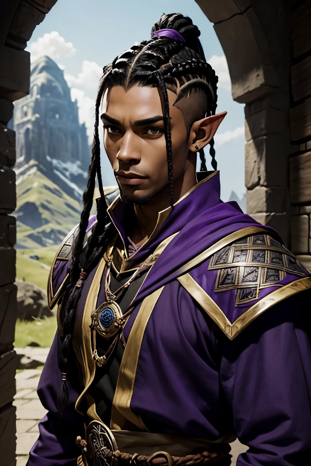medieval, realistic, 35 years male, ebony skin, tall, strong, elf prince, elf king, (black hair, braided ponytail, dreadlocks, undercut, shaved hair on the sides), pointy ears, piercing, (purple eyes, thin eyebrows, big nose, thin mouth), paladin, (noble purple clothes, rich appearance), rpg character, lord of the rings style, dungeons and dragons style, waist and head image, palace background