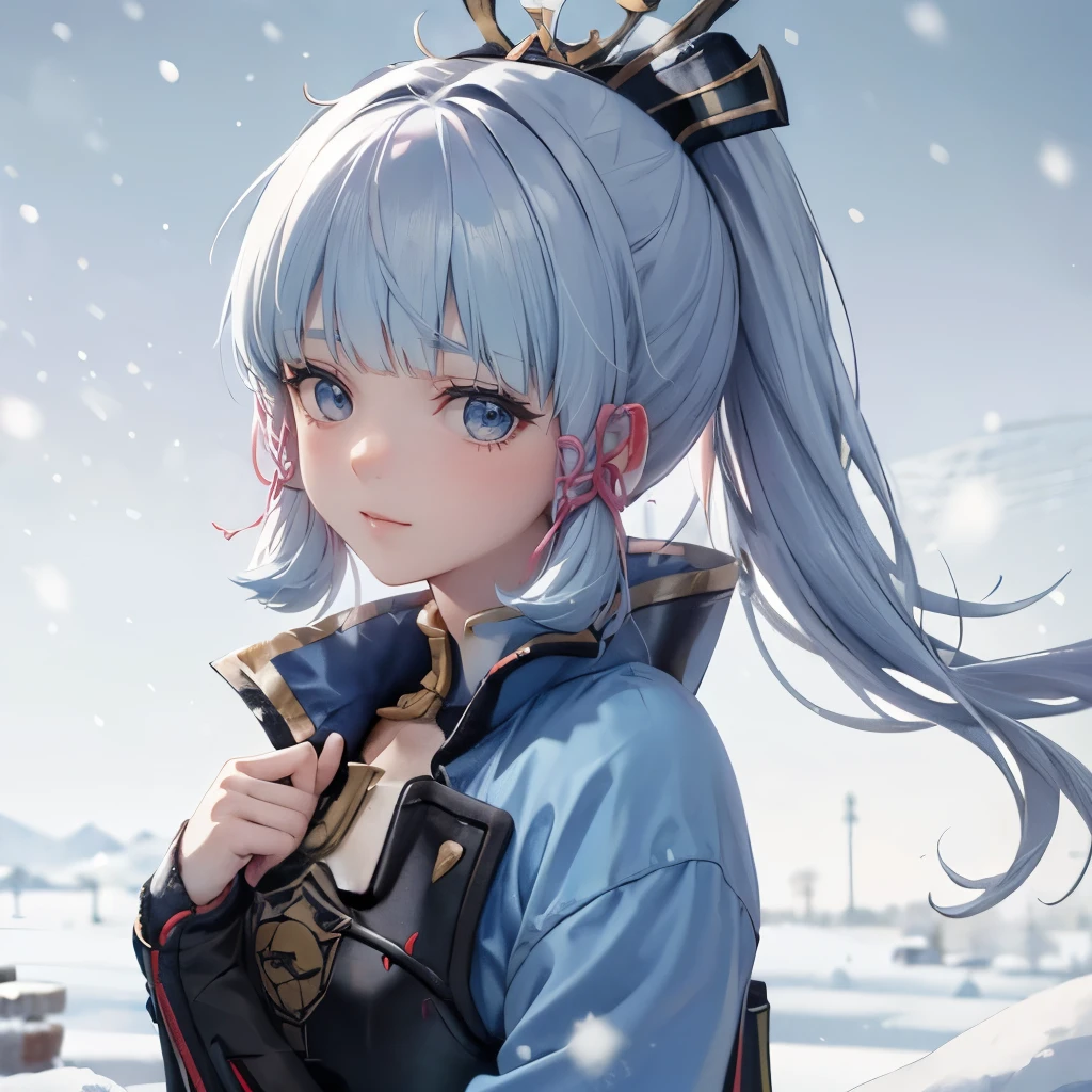 Masterpiece, A high resolution, Best quality, 1 girl solo, kamisato_Ayaka,I look at the viewer, slight smile,, hair in ponytail , There is a lot of snow in the background , snowing , sky with snowflakes in the background,Sweet look


