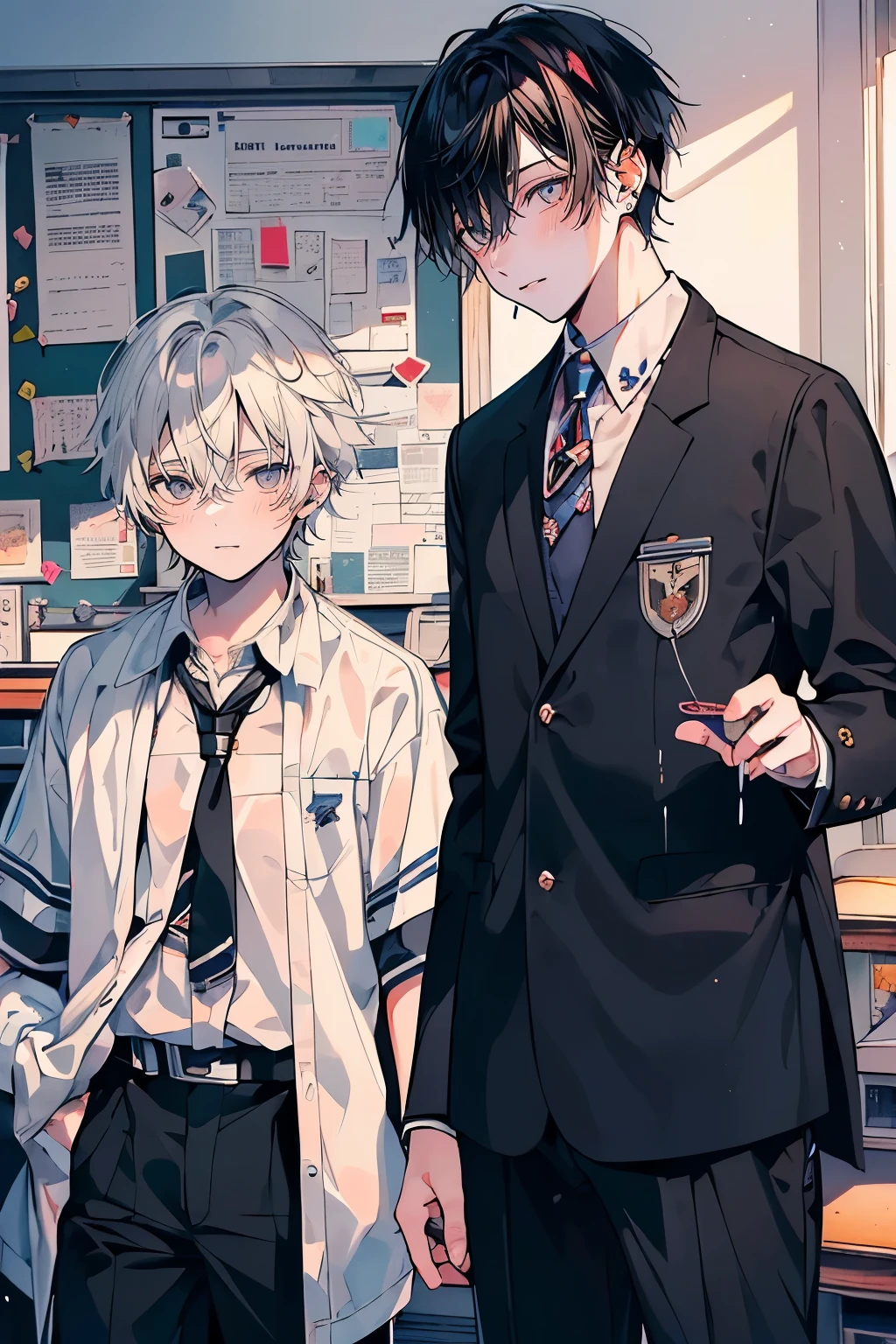 (muste piece), (best quality), very detailed, (((Two friendly high school boys:1.5))), perfect face, beautiful face, very detailed face,(black haired man:1.3),(white haired man:1.3),School,classroom,student uniform,tie,shirt