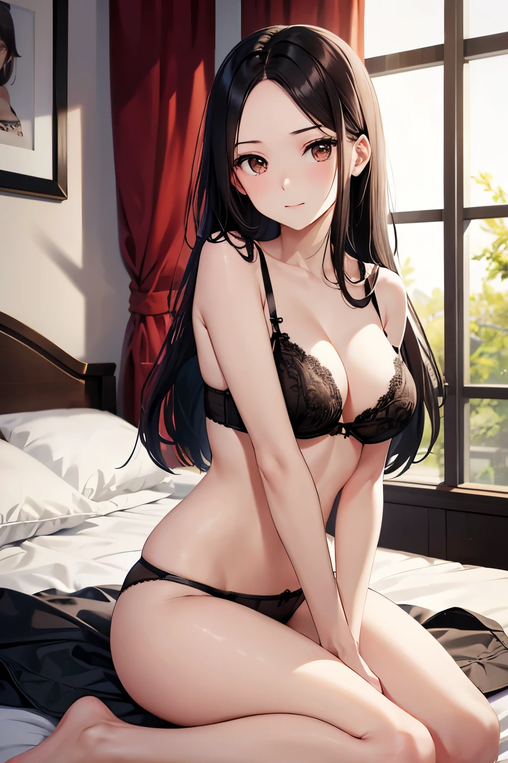 best quality, highres,Slender、small face、brown eyes、tall、black hair、big breasts、long hair、Hotel、sitting on the bed、black bra、black panties、22 years old、Mature、(forehead:1.1)