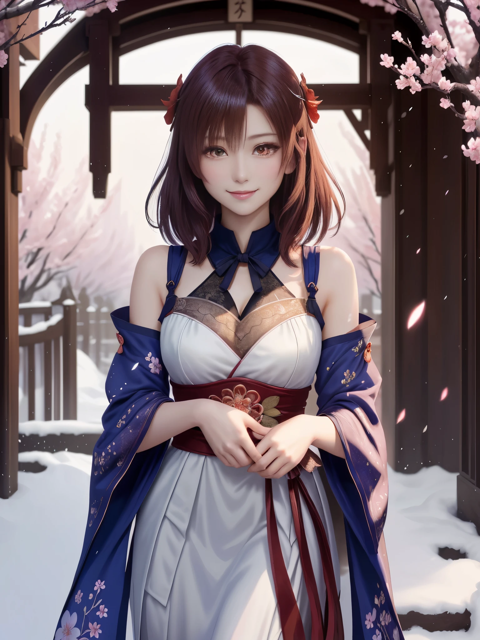masterpiece , best quality,smile,smile,small face,shoulder exposure,some cleavage exposure,colorful hair,slender body shape,brown eyes,sharp contrast,short hair,Beautiful short hair,short cut hair,just one person,precision quality,Faithfully reproduced eyes, 一面に咲くcherry blossom background,snow scene,masterpiece, 幻想的なcherry blossom background,night,nightの背景,cherry blossom background,beautiful details, colorful, delicate details, delicate lips, intricate details, genuine, ultrargenuineista, 枝に座っている色とりどりの髪のFoxを持つ女の子:Mature, bright eyes, ,色とりどりのFox, raposa de nine tails, 三尾Fox, 三尾Fox, onmyoji detail art, beautiful fine art illustration, mythical creatures, Fox, beautiful digital art,shrine maiden,hold hands,exquisite digital illustration, mizutsune, Inspired by mythical wild web creatures, pixiv in digital art, shining light, high contrast, Mysterious,