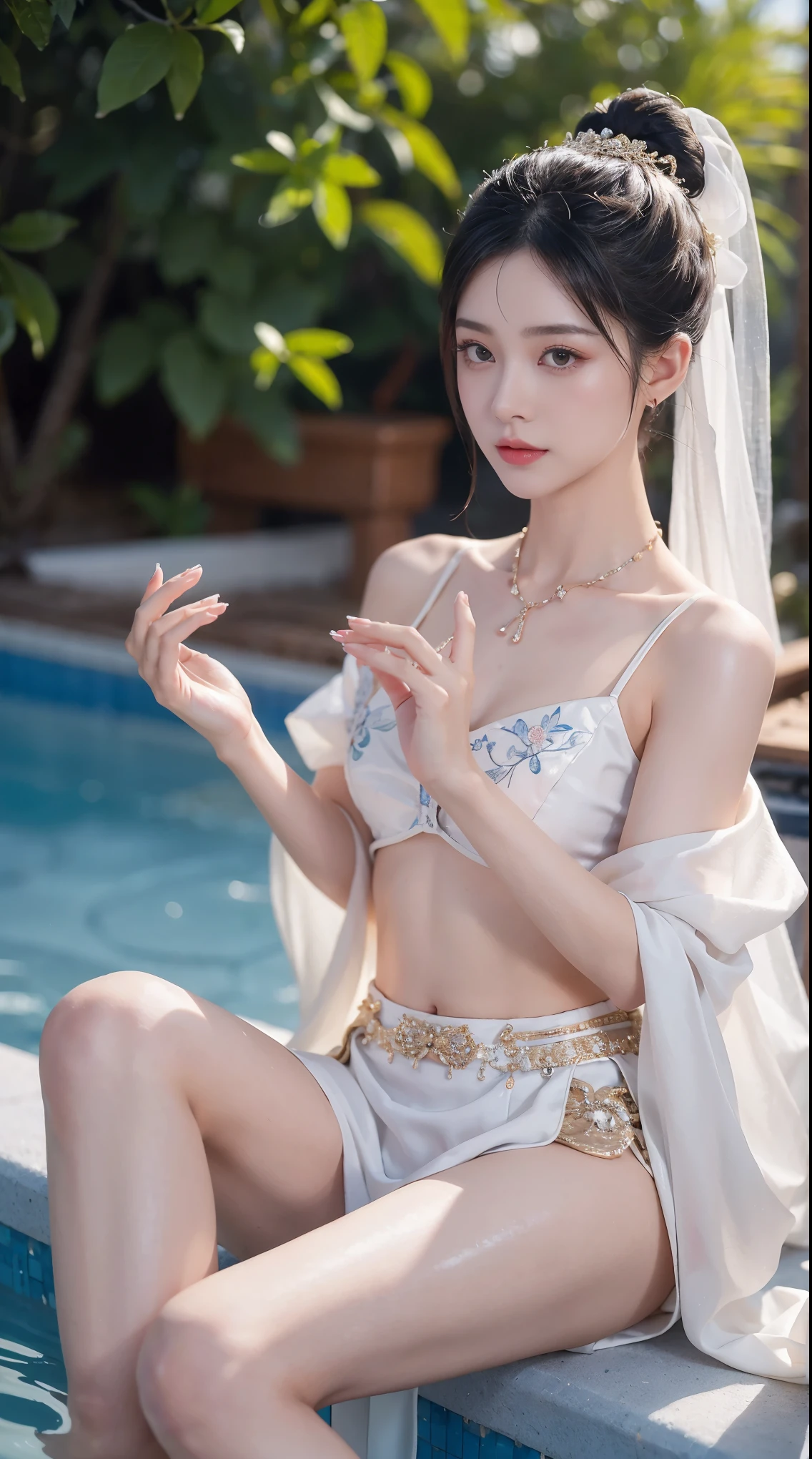 best picture quality，extremely high resolution，Very detailed，stunning girl，sitting in the pool，long eyelashes，big eyes，shining eyes，lying silkworm，plump lips，small nose，a happy expression，Sweet，Exquisite makeup，full-body shot，snow white skin，slim figure，take off shoulders，clavicle，abdomenband，abdomen，abdomen button，Slender white legs，White and tender skin，White embroidered mini skirt，necklace，Showing thighs，lace，Sweet，long hair flying，best quality，masterpiece，full-body shot，facial focus，slim figure，细腰白色abdomenband，imagine，full-body shot
Model: Hanfu, CFG scale: 7, Hire high-end talents: 1.5, Laura: future fashion(0.4)、neon(0.4)、martial arts(0.8)、Asian Face Girls-2(0.4)、poetic fairy tale(0.01)