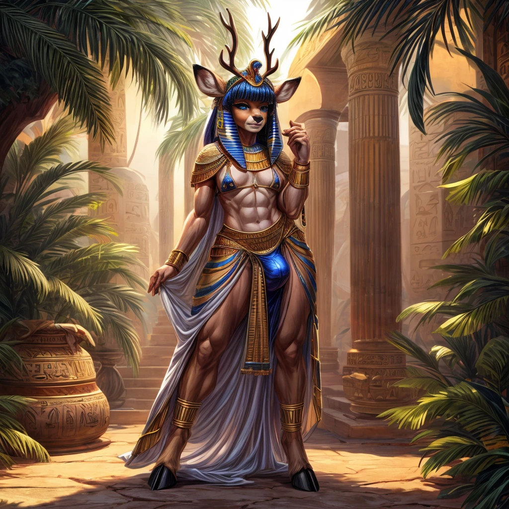 (Furry deer male, young prince, royalty), long white hair, long ponytail, bangs, bright blue eyes, (small deer antlers), deer ears, deer legs with hooves,deer tail, full body, :3, male, girly, femboy, feminine figure, tall, detailed body fur, detailed eyes, detailed face, glistering body, shiny body, gorgeous body, narrow waist, wide hips, big ass, perky nipples, male nipple piercing rings, gold armlet, gold tattoo, crotch tattoo, flat chest, masterpiece, high quality, detailed shadows, detailed lighting, ((transparent Egyptian Dress, Colorful Egyptian micro bikini, gold bikini, thong, gold thong)), (huge bulge, detailed penis outline)), (EhyptianHeaddress tiara), Thick Eyelashes, (Egyptian Makeup), Eyeshadow, Jungle, Jungle Detail Outdoor Background, Ref, Professional Lighting, ((Topwear & Bottomwear)), (Egypt, Egyptian prince:1.2)