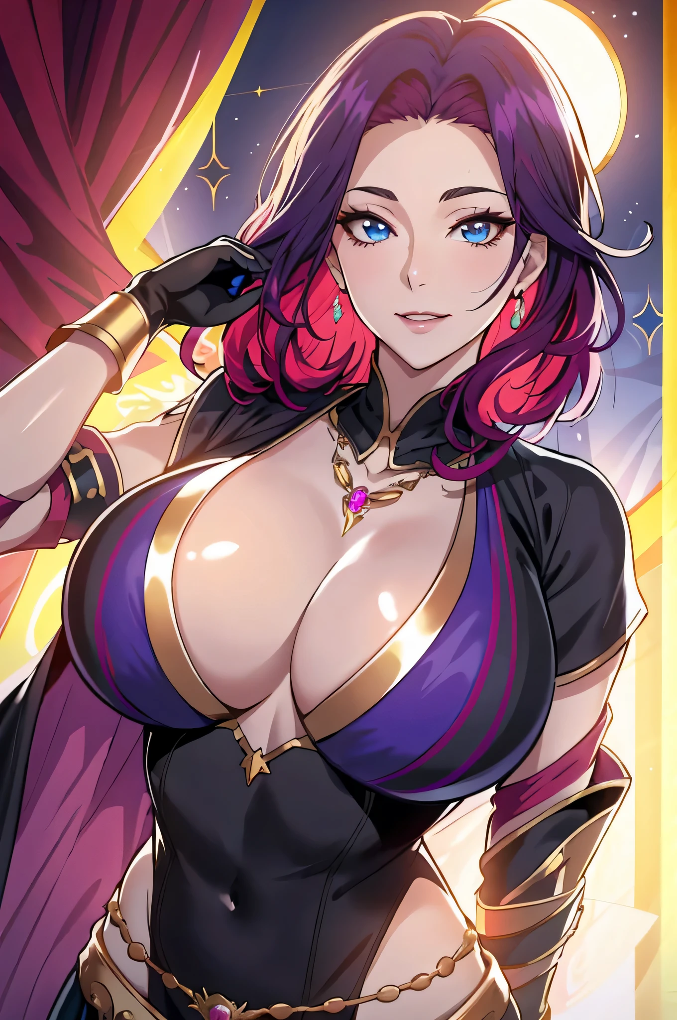 Lian, magenta hair, hair stick, bangs, blue eyes, solo, smiling, standing, upper body, hips, bare shoulders,purple thighhighs, black dress, gold jewelry,armor,gloves,circlet, cleavage, red and gold royal castle, gigantic breasts, (best quality, masterpiece, beautiful and aesthetic:1.2, highest detailed face, perfect face,)  eyes, perfect face,expressive eyes,
looking at viewer, in the center of the image,(Upper_body),(Focus on her face),
official art,extremely detailed CG unity 8k wallpaper, perfect lighting,Colorful, Bright_Front_face_Lighting,shiny skin, 
(masterpiece:1.0),(best_quality:1.0), ultra high res,4K,ultra-detailed
