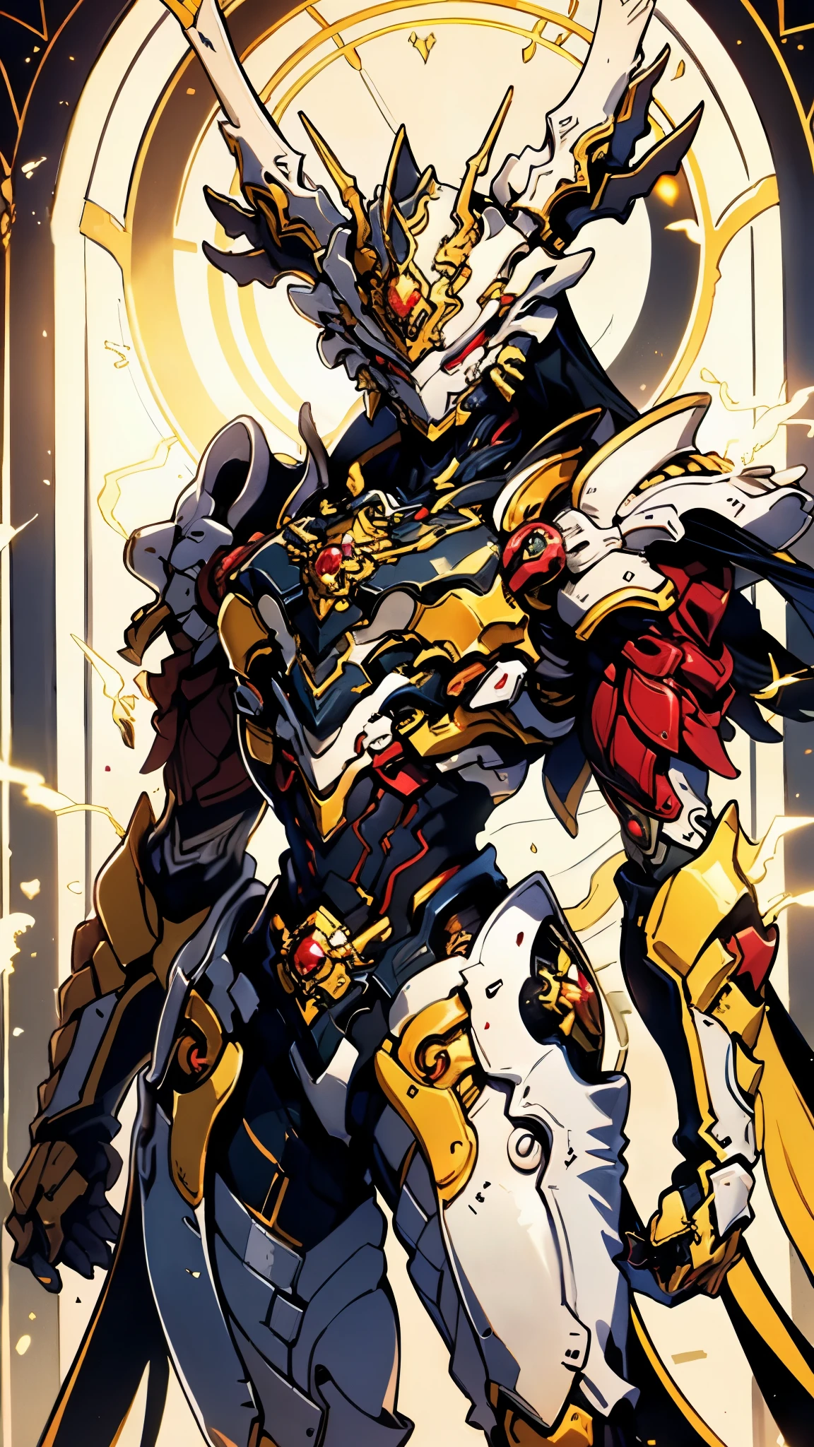 A woman adorned in fantasy-style full-body armor, a crown-concept fully enclosed helmet that unveils only her eyes, a composite layered chest plate, fully encompassing shoulder and hand guards, a lightweight waist armor, form-fitting shin guards, the overall design is heavy-duty yet flexible, ((the armor gleams with a golden glow, complemented by red and blue accents)), exhibiting a noble aura, she floats above a fantasy-surreal high-tech city, this character embodies a finely crafted fantasy-surreal style armored hero in anime style, exquisite and mature manga art style, (Queen bee mixed with Spider concept Armor, plasma, blood), ((Element, energy, elegant, goddess, femminine:1.5)), metallic, high definition, best quality, highres, ultra-detailed, ultra-fine painting, extremely delicate, professional, anatomically correct, symmetrical face, extremely detailed eyes and face, high quality eyes, creativity, RAW photo, UHD, 32k, Natural light, cinematic lighting, masterpiece-anatomy-perfect, masterpiece:1.5
