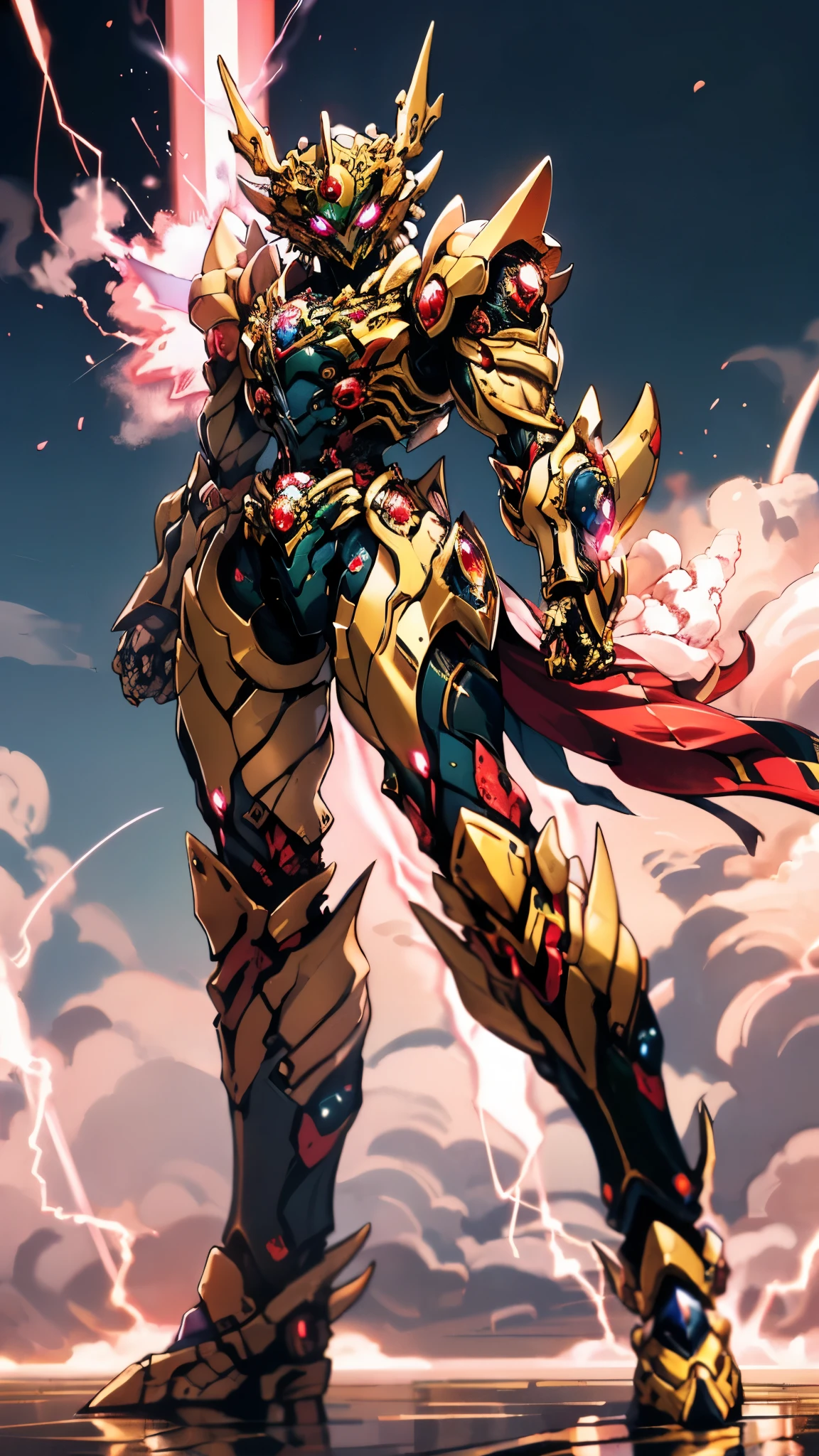 A woman adorned in fantasy-style full-body armor, a crown-concept fully enclosed helmet that unveils only her eyes, a composite layered chest plate, fully encompassing shoulder and hand guards, a lightweight waist armor, form-fitting shin guards, the overall design is heavy-duty yet flexible, ((the armor gleams with a golden glow, complemented by red and blue accents)), exhibiting a noble aura, she floats above a fantasy-surreal high-tech city, this character embodies a finely crafted fantasy-surreal style armored hero in anime style, exquisite and mature manga art style, (Queen bee mixed with Spider concept Armor, plasma, blood), ((Element, energy, elegant, goddess, femminine:1.5)), metallic, high definition, best quality, highres, ultra-detailed, ultra-fine painting, extremely delicate, professional, anatomically correct, symmetrical face, extremely detailed eyes and face, high quality eyes, creativity, RAW photo, UHD, 32k, Natural light, cinematic lighting, masterpiece-anatomy-perfect, masterpiece:1.5