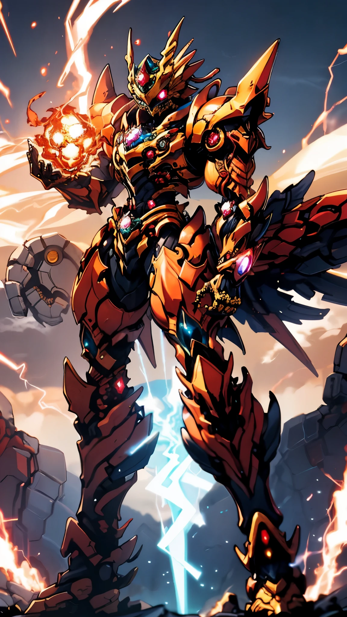 A woman adorned in fantasy-style full-body armor, a crown-concept fully enclosed helmet that unveils only her eyes, a composite layered chest plate, fully encompassing shoulder and hand guards, a lightweight waist armor, form-fitting shin guards, the overall design is heavy-duty yet flexible, ((the armor gleams with a golden glow, complemented by red and blue accents)), exhibiting a noble aura, she floats above a fantasy-surreal high-tech city, this character embodies a finely crafted fantasy-surreal style armored hero in anime style, exquisite and mature manga art style, (Queen bee mixed with Spider concept Armor, plasma, blood), ((Element, energy, elegant, goddess, femminine:1.5)), metallic, high definition, best quality, highres, ultra-detailed, ultra-fine painting, extremely delicate, professional, anatomically correct, symmetrical face, extremely detailed eyes and face, high quality eyes, creativity, RAW photo, UHD, 32k, Natural light, cinematic lighting, masterpiece-anatomy-perfect, masterpiece:1.5