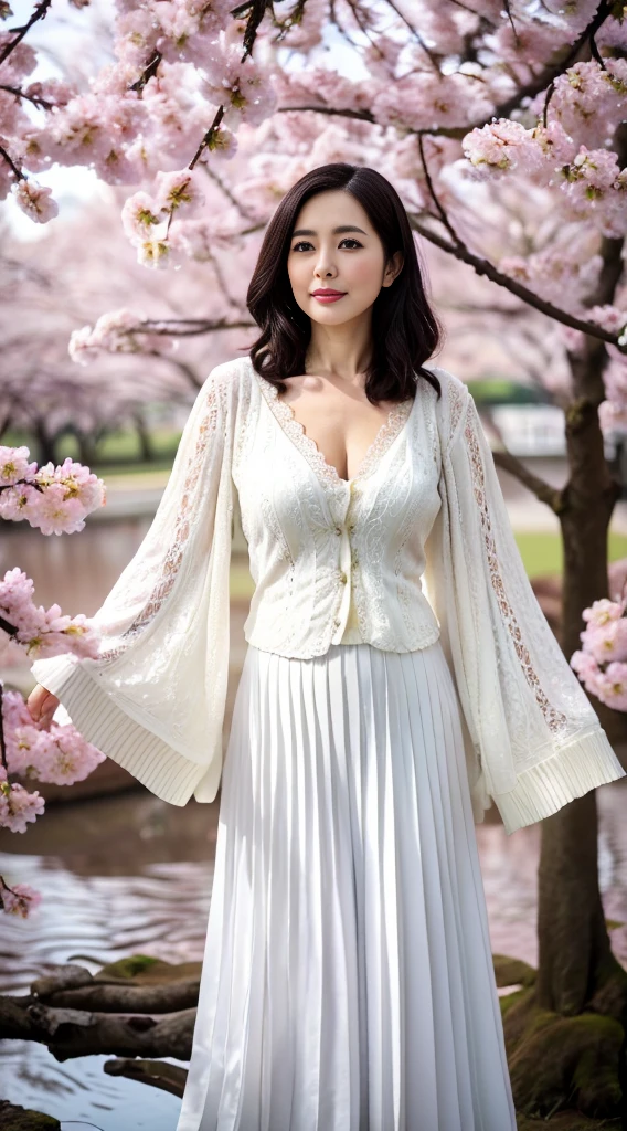 NSFW, ((highest quality, 8k, masterpiece, portrait: 1.3)), photorealism, Similar to portrait photography, intense natural light, soft lighting, 8k, high quality, (Park with a pond), ((one big cherry tree)), (A woman looking up at the cherry blossoms alone,) ((Look up at the cherry blossoms far above your head)), Age: 43 years old, ((Look up diagonally to the left)), (gentle expression), (smile), (lips slightly open), ( white lace blouse), (cleavage:1.2), (long skirt with pleats), (high heels), 
