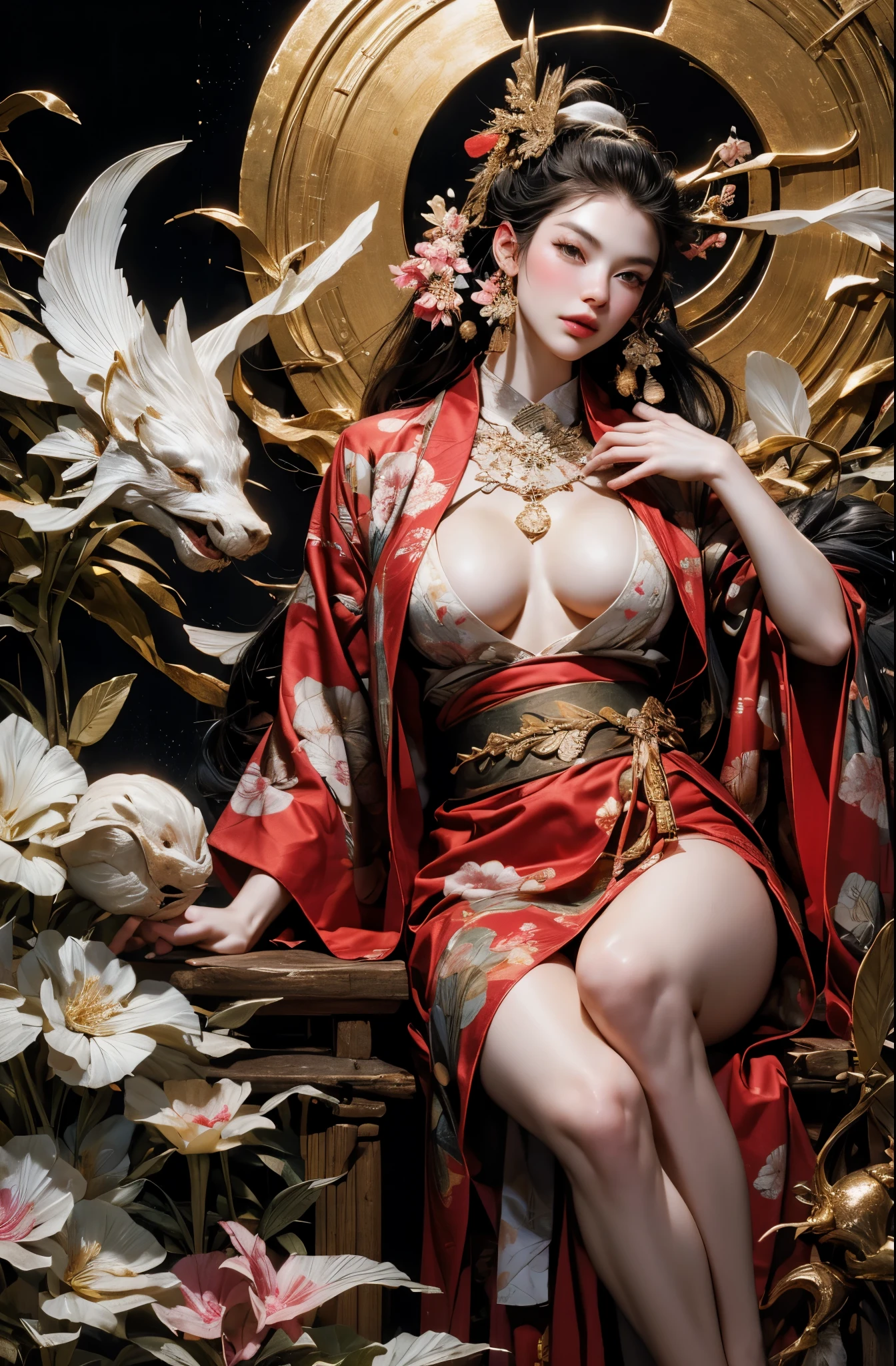 Umalinda warrior sexy, pretty face, Delicious Company, Alluring figure, Wearing a sexy open kimono. The artwork is created in a medium reminiscent of Japanese ink paintings....., 具有大胆的笔触和Monochromatic color palette. artist&#39;Masterful technique reveals the intensity and power of the image&#39;sense of presence，with the highest quality, Perfectly capture every detail with ultra-high resolution. Textures and intricate patterns on kimonos are rendered with extreme precision. Lighting is carefully designed，Enhance drama, Features deep shadows and subtle highlights. General, The artwork exudes elegance and power, Combining traditional Japanese aesthetics with a modern feel. Monochromatic color palette, Combine details, Create captivating and immersive experiences for your audience.