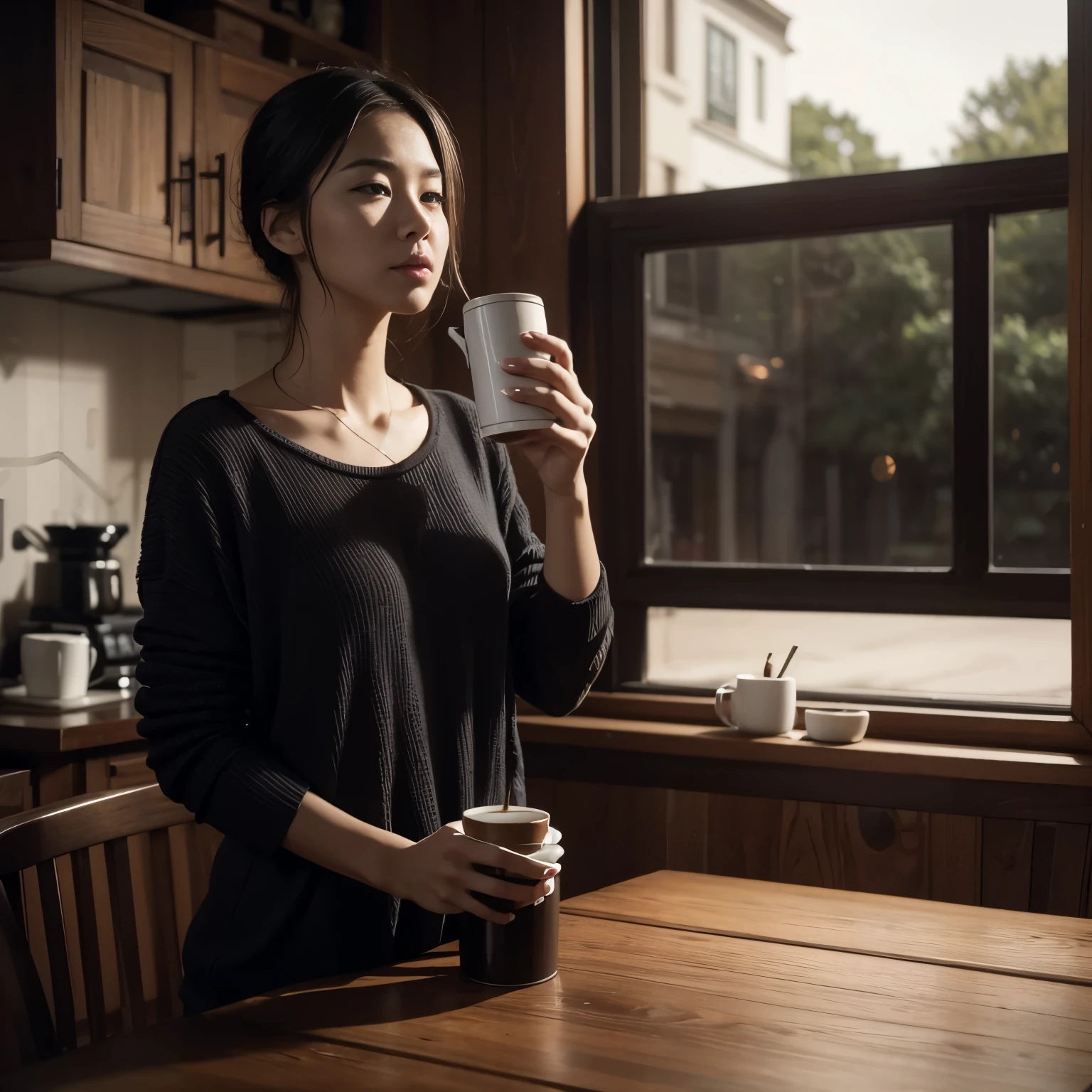 Drinking coffee every morning is a relaxing start to the day.,full hd 8k,Realistic horror,---Auto---S2