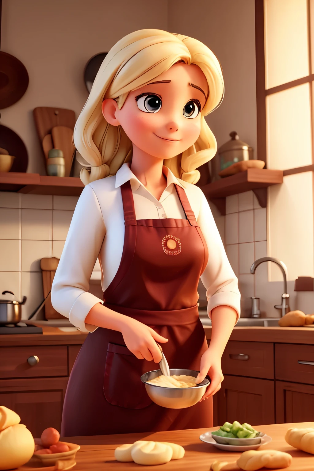 Visualize uma mulher de 36 anos, mother and professional, imersa em sua cozinha enquanto prepara um bolo caseiro. Her radiant expression highlights not only her culinary skill, but also the joy shared with your family. Elements such as kitchen utensils and fresh ingredients coexist in a warm and familiar environment, reflecting the balance between your responsibilities and moments of pleasure. Details like the texture of the dough and soft lighting not only highlight the tasty feast that is about to be created, but also the authenticity of the multifaceted woman. This prompt seeks to capture the essence of balanced beauty amidst household chores, Uniquely representing the identity your brand promotes in a realistic 3D context. Make her blonde, cabelos claros.