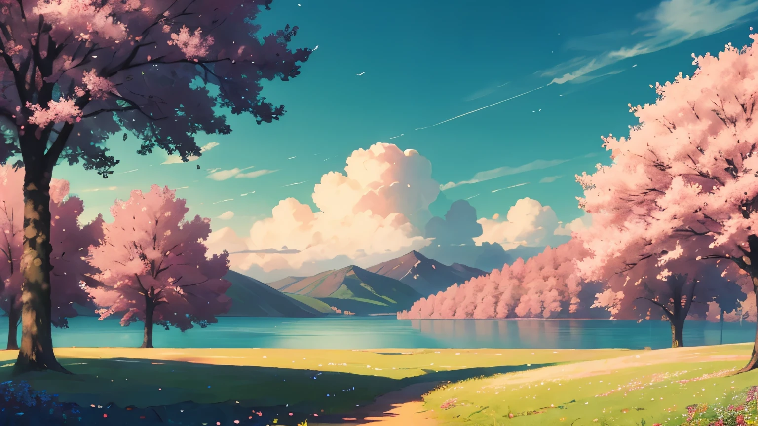 lots of pink trees, Wide sky, White cloud , flowerびら , flower, Aesthetic and peaceful bliss, diffused light, god's rays, chromatic aberration, caustics