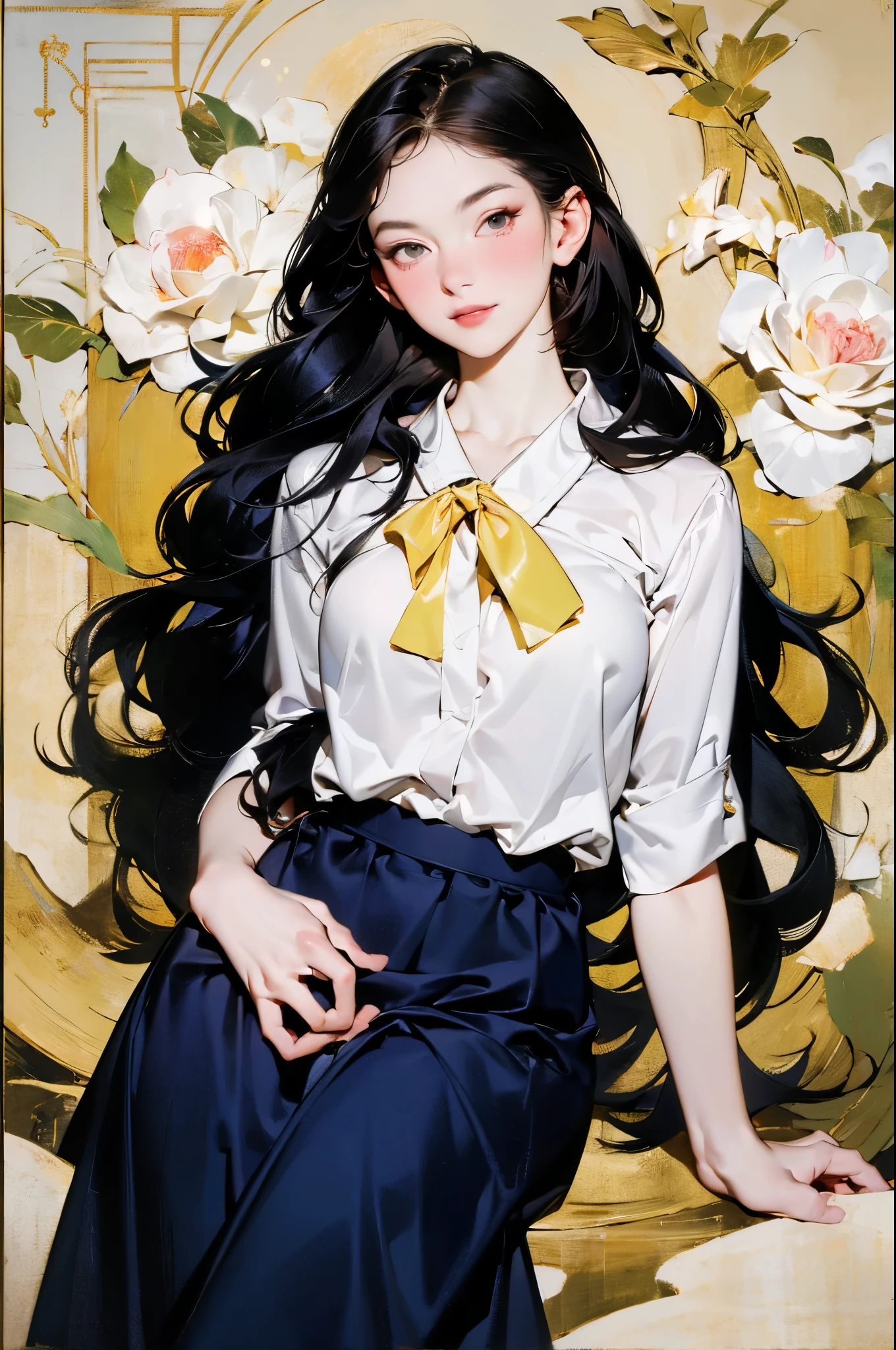 beautiful japanese woman, Beautiful perfect face and soft skin, small face,nose and rosy lips, beautiful eyes, beautiful smile. Black, Thin, long and beautiful hair bathed in bright etheric light. Gradient Highlight Beige Layered Loose Fluffy Medium Hairstyle, Navy collar shirt × houndstooth flared skirt, Bright neon colorful background, Surreal woman photos, High quality high resolution 8K masterpiece