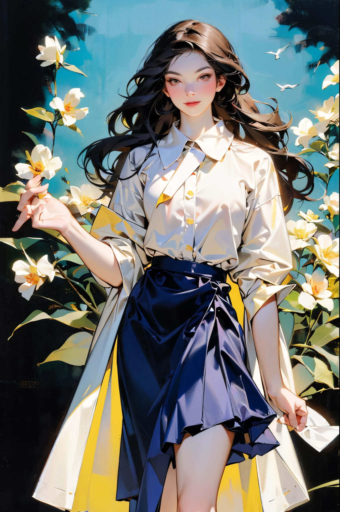 beautiful japanese woman, Beautiful perfect face and soft skin, small face,nose and rosy lips, beautiful eyes, beautiful smile. Black, Thin, long and beautiful hair bathed in bright etheric light. Gradient Highlight Beige Layered Loose Fluffy Medium Hairstyle, Navy collar shirt × houndstooth flared skirt, Bright neon colorful background, Surreal woman photos, High quality high resolution 8K masterpiece