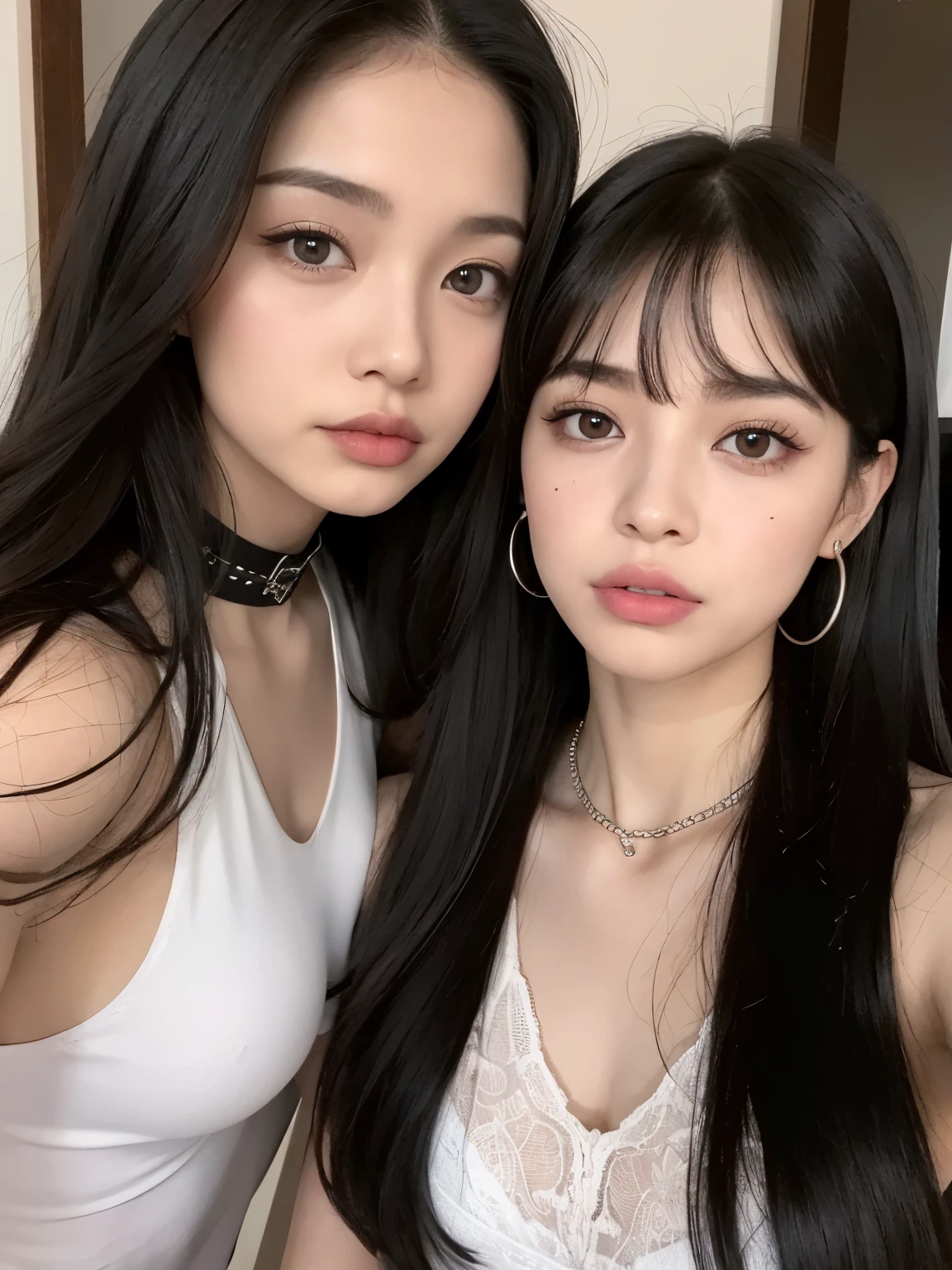 Kim Jennie con el cabello negro oscuro, con rulos en las puntas del cabello negro oscuro, con un ganchito de estrella en el cabello negro oscuro, ojos de color claro, ojos bonitos, ojos llorosos, nariz bonita y respingada, labios bonitos, labios rosas, heart and cupid shaped lip, piel bonita, pale, piel blanca, con lunares y pecas en todo el rostro, rubor rosa suave en las mejilla, rubor rosa natural, dark and gothic makeup, Jennie gotica, mientras ella esta con un chico lindo a su lado, with a cute asian boy standing next to her, mientras hay un torso de hombre, mientras el hombre'His hand is on his jaw.., manos bonitas de hombre, with a gothic boy, cuellos bonito, cuello marcado, frown, mirada enojada, con un collar de beso, un collar bonito de beso, mientras sus pezones son notorios (pechos grandes, pechos suaves, pechos bonitos, pechos naturales), con un vestido blanco, vestido corto y transparente, visible on the nipple, con un chico a su lado, con su novio, mirando a la camara, autofoto
