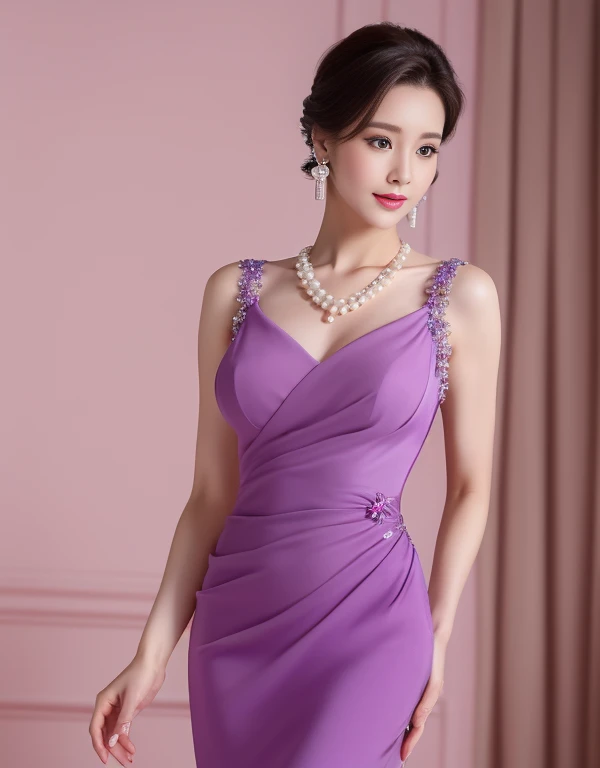 Elegant woman in purple dress, pearl dangling earrings, (8k, best quality : 1.2), (Masterpiece, realistic : 1.3), Super details, Anatomically correct