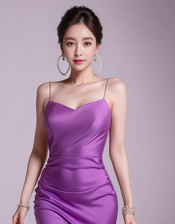 Elegant woman in purple dress, pearl dangling earrings,  (8k, best quality : 1.2), (Masterpiece, realistic : 1.3), Super details, Anatomically correct