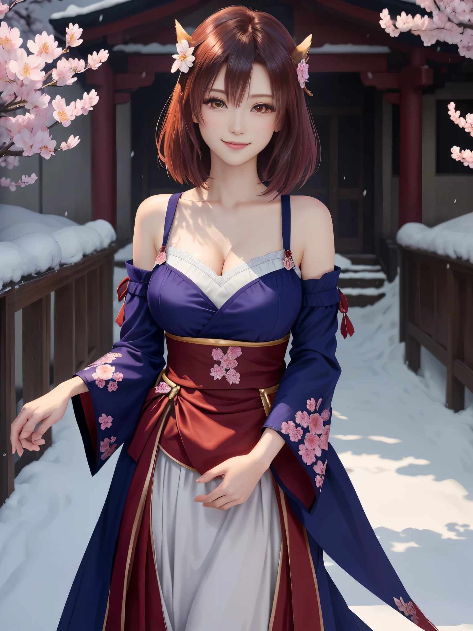 masterpiece , best quality,smile,smile,small face,shoulder exposure,some cleavage exposure,colorful hair,slender body shape,brown eyes,sharp contrast,short hair,Beautiful short hair,short cut hair,just one person,precision quality,Faithfully reproduced eyes, 一面に咲くcherry blossom background,snow scene,masterpiece, 幻想的なcherry blossom background,night,nightの背景,cherry blossom background,beautiful details, colorful, delicate details, delicate lips, intricate details, genuine, ultrargenuineista, 枝に座っている色とりどりの髪のFoxを持つ女の子:Mature, bright eyes, ,色とりどりのFox, raposa de nine tails, 三尾Fox, 三尾Fox, onmyoji detail art, beautiful fine art illustration, mythical creatures, Fox, beautiful digital art,shrine maiden,hold hands,exquisite digital illustration, mizutsune, Inspired by mythical wild web creatures, pixiv in digital art, shining light, high contrast, Mysterious,