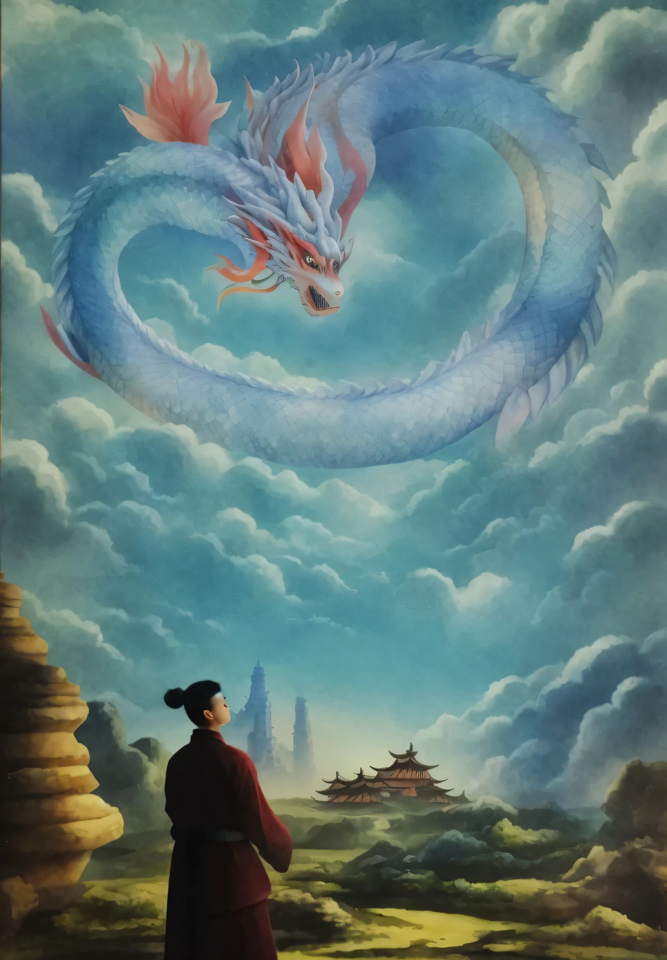 painting of a man standing in front of a painting of a dragon, home, chinese surrealism, dragon in the sky, inspired by Tosa Mitsuoki, inspired by Ren Xun, by Ju Lian, akira from chinese mythology, by Wen Boren, inspired by Yang Buzhi, chinese fantasy, inspired by Li Rongjin, by Ren Renfa, by Li Zai