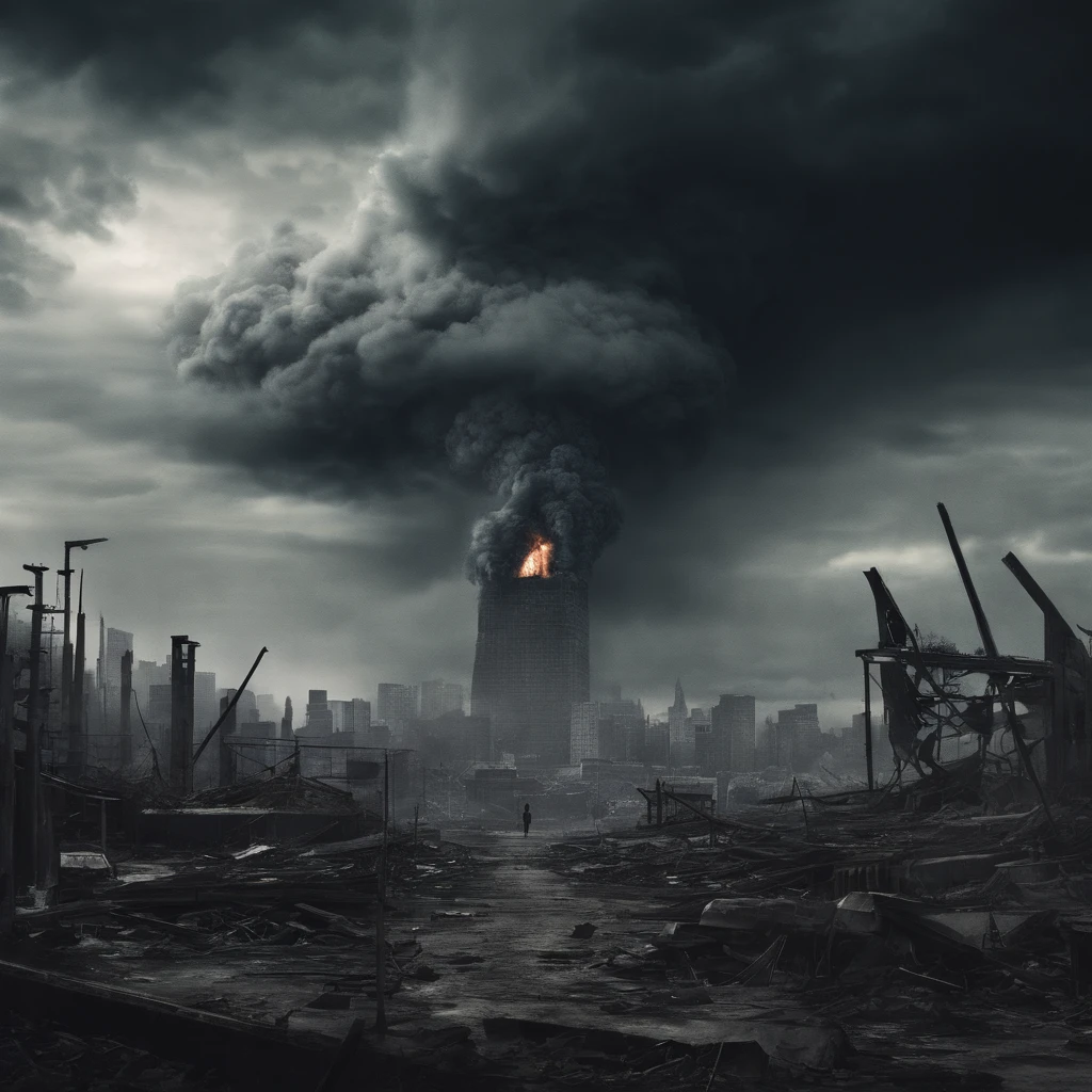(Best quality,Ultra-detailed,Realistic:1.37),An asteroid that hit Earth,disrupt,Widespread destruction,smoke and fire,Shock wave ripples,crumbling buildings,Falling debris,Chaos and panic,surreal atmosphere,dusk lighting,Epic disaster,People fled in terror,Stray pandas are looking around for food,apocalyptic scenery,General confusion,Ruined cityscape,Dark clouds loom,Explosions and flames,Huge impact crater,The ground shook,Molten rock,Flying debris,worst,Desperate survival,ominous skies,Abandoned streets,Crashed vehicle,Overwhelming sense of destruction,post-apocalyptic landscape,A heart-wrenching scene,Devastating consequences,city in ruins,Desolate wasteland,overcast sky,Despair and loss,Infrastructure is damaged,Amazing destruction,An unimaginable disaster,Bleak and grim,Scorching flame,Uncertain future.