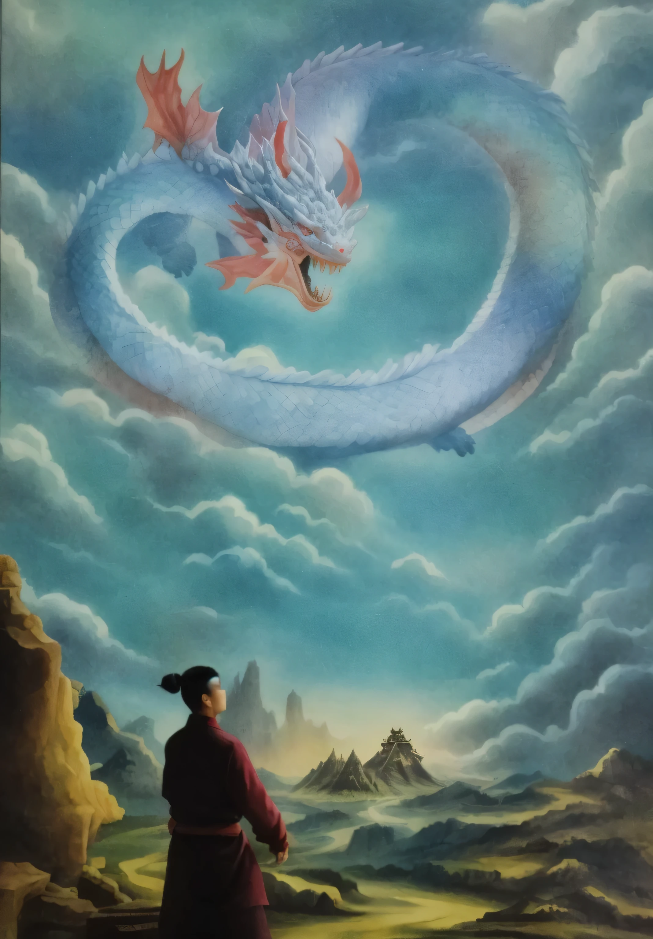 painting of a man standing in front of a painting of a dragon, home, chinese surrealism, dragon in the sky, inspired by Tosa Mitsuoki, inspired by Ren Xun, by Ju Lian, akira from chinese mythology, by Wen Boren, inspired by Yang Buzhi, chinese fantasy, inspired by Li Rongjin, by Ren Renfa, by Li Zai