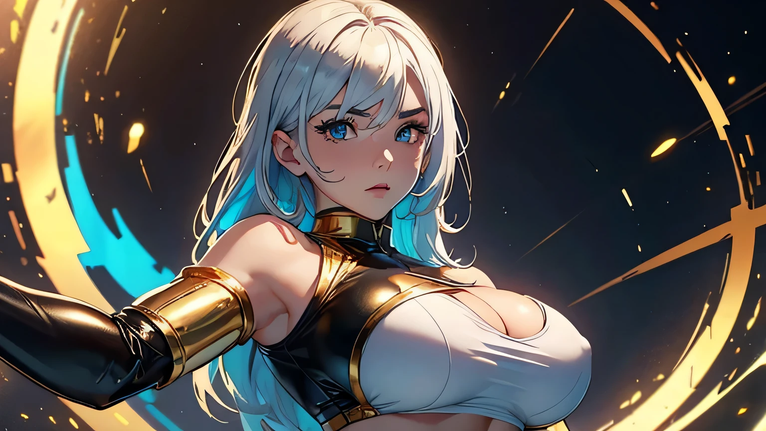 4K, A high resolution, Best quality at best, masterpiece, perfect colors, perfect shadow, perfect litghting, ((sportrait)), 1woman, fit body, heterochromia eyes,rainbow hair , blue eyes, With round lenses, The audience watched carefully, (s face: 1.2), Perfect female figure, ((sexy pose)), ((goldTight crop top gold leather suit)), ((shy and looking at viewer)), (Perfect thick white eyebrows) Delicate fur, 详细s face, s the perfect face, , (dynamic pose), big breast, open half breast