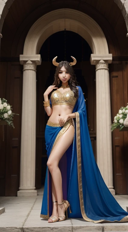 ((8K:1.27), Best Quality, masutepiece, Golden ratio, (超A high resolution:1.2) 、Devil Pictureenace、Small two horns、tusk、(Beautiful:1.1)、arched body、Greek-style costumes、The background is hell、Looking down、Eat the soul